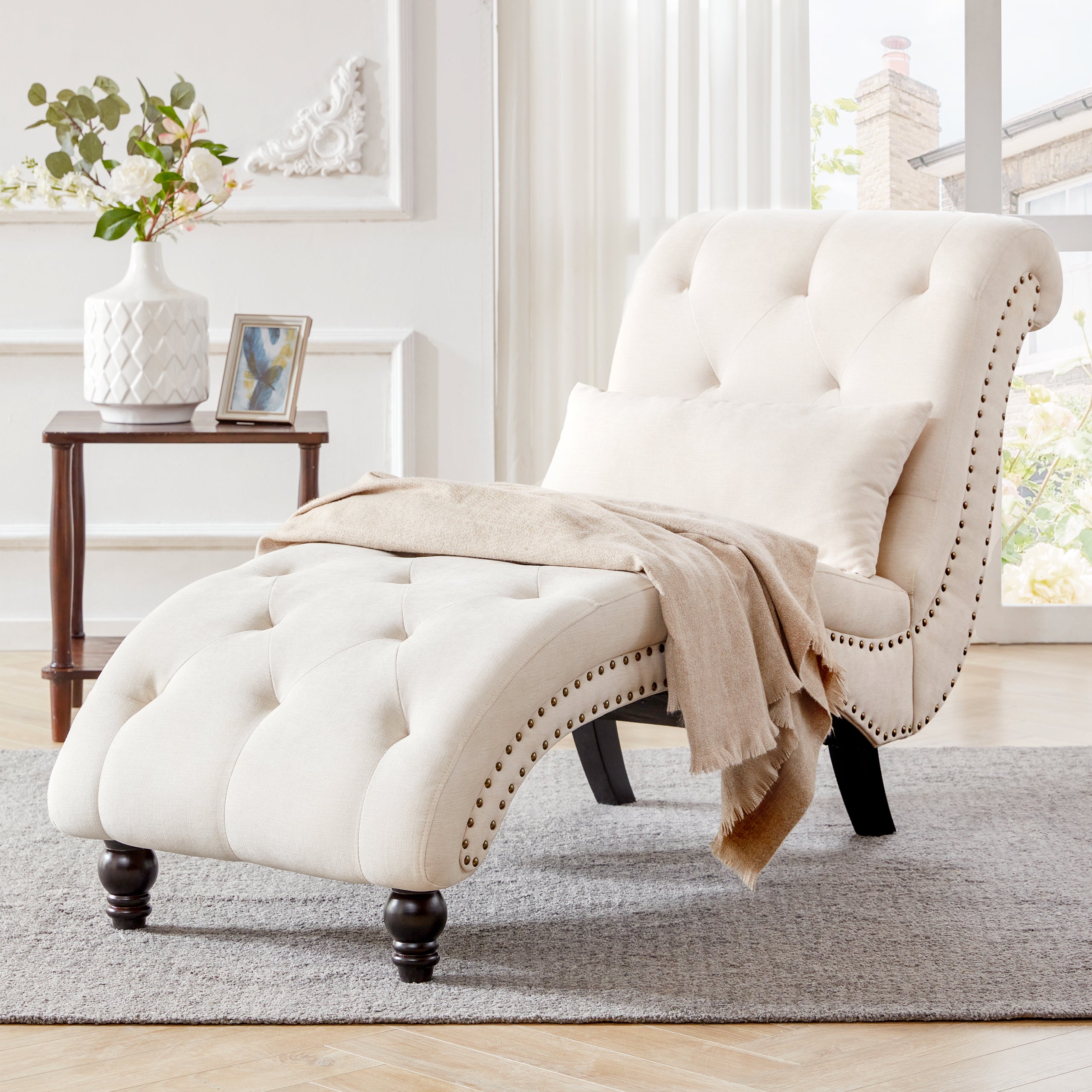 MangodanTufted Soft Chaise Lounge Indoor, Linen Rivets Chaise Lounge C ...