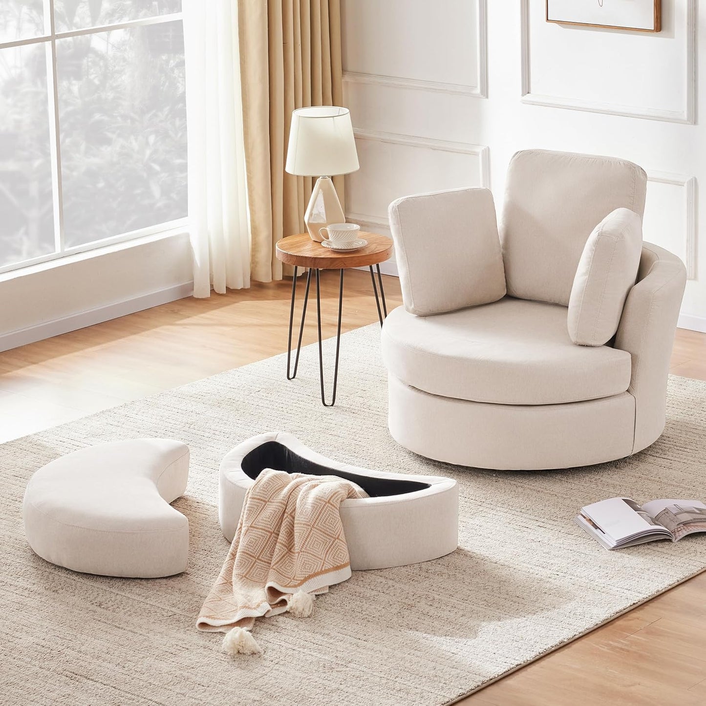 Mangodan39” Swivel Accent Barrel Chairs with Removable Headrest, Chaise Lounge Indoor with Neck Support Pillow, Swivel Chairs for Living Room