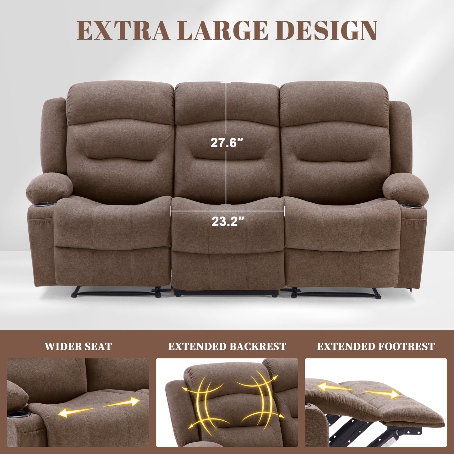 Oversized Recliner Sofa with Heat and Massage, Wall-Hugger Reclining Sofa with Cup Holders and USB Port
