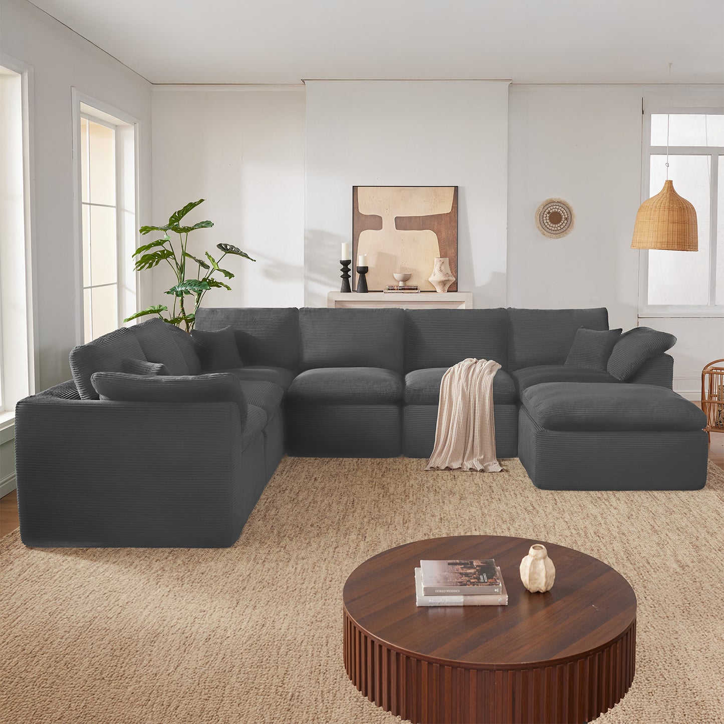 Mangodan Sectional Couch, Boneless couches for Living Room, U Shaped Couch with Convertible Ottoman