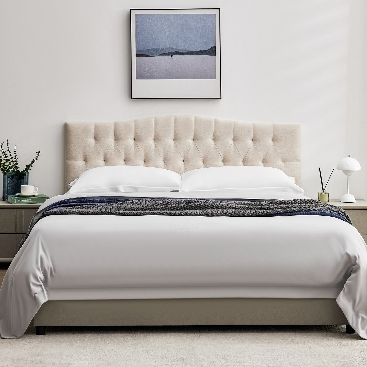 Tufted Upholstered Linen Fabric,Durable Modern Diamond Design Wood Headboads