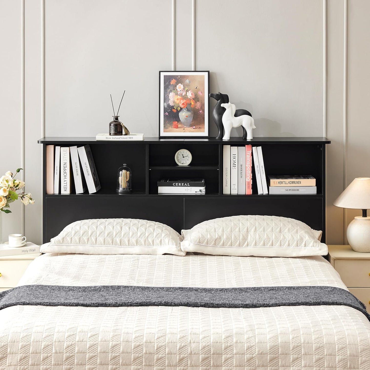 Sturdy and Durable Wood Headboards with 4 Compartments, Full/Queen Headboard with Storage