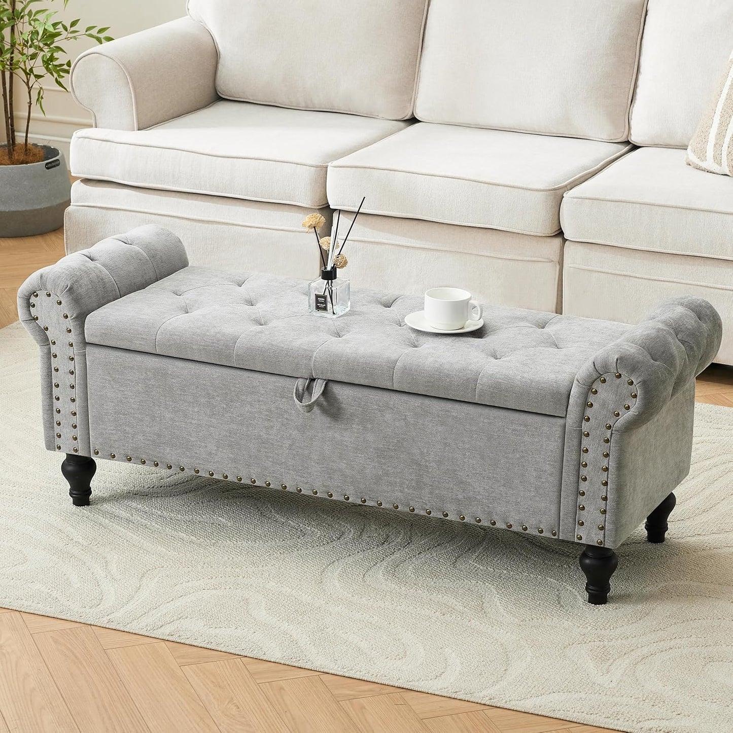 Ottoman Bench, End of Bed Bench for Bedroom, Storage Ottomans for Foot of Bed, Chenille Upholstered Benches