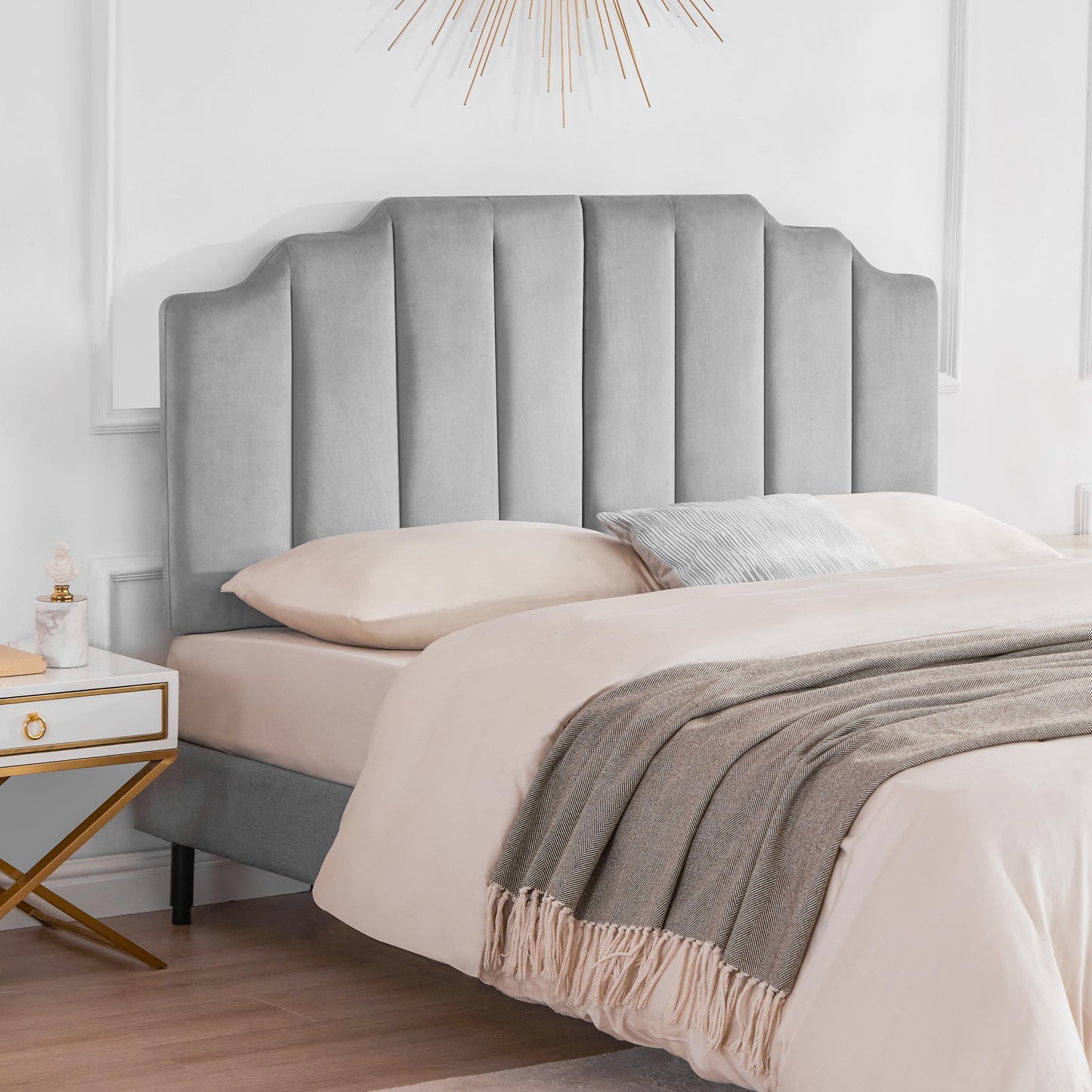 Velvet Head Board,Elegantly Curved Headboards only, Modern Vertical Channel Design Bed Head Board