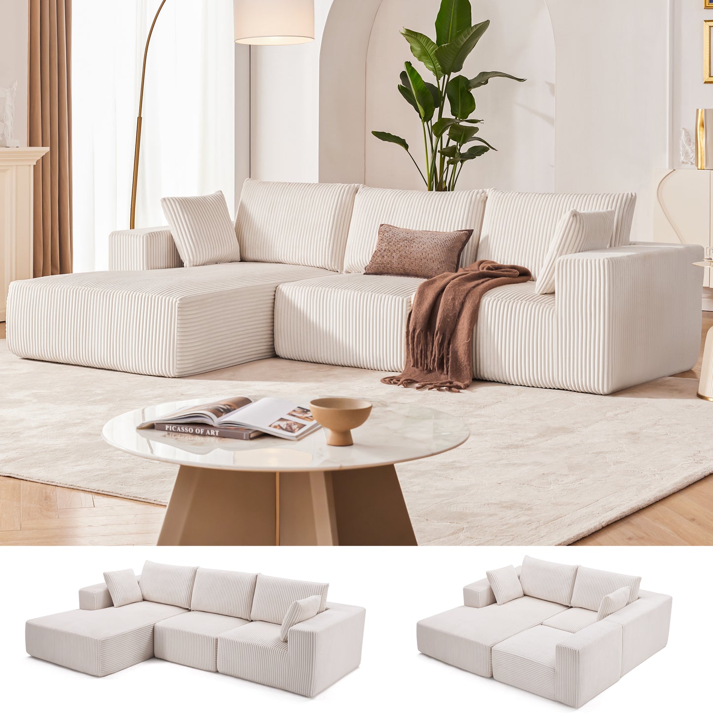 108" Modular Sectional Sofa, Cloud Sectional Couch with Deep Seat, Modern Modular L-Shape Sofa Couch with Chaise, Upholstered Couches for Living Room Bedroom (Beige, Left Facing Chaise)