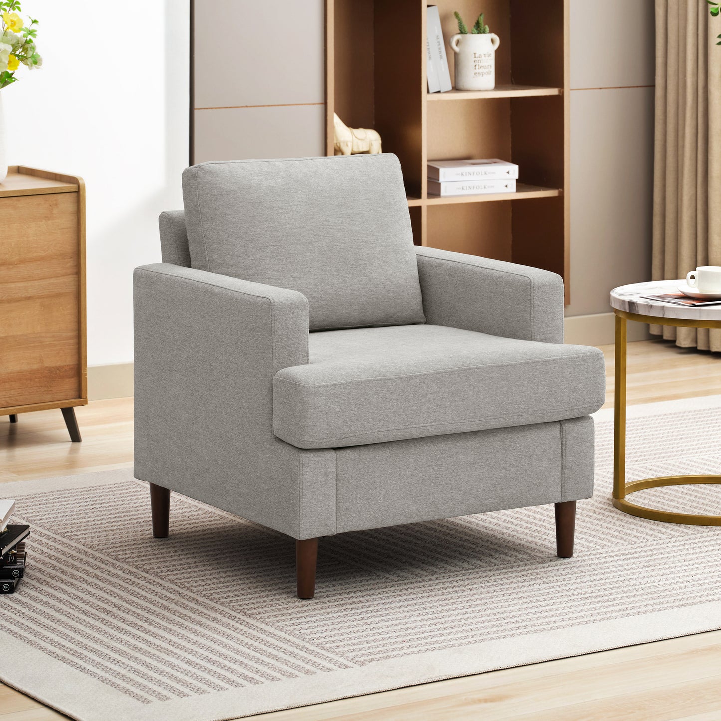 Mid-Century Accent Chair,Modern Linen Fabric Armchair for Living Room