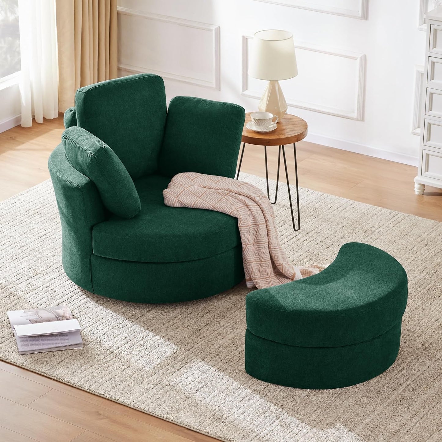 Mangodan39” Swivel Accent Barrel Chairs with Removable Headrest, Chaise Lounge Indoor with Neck Support Pillow, Swivel Chairs for Living Room