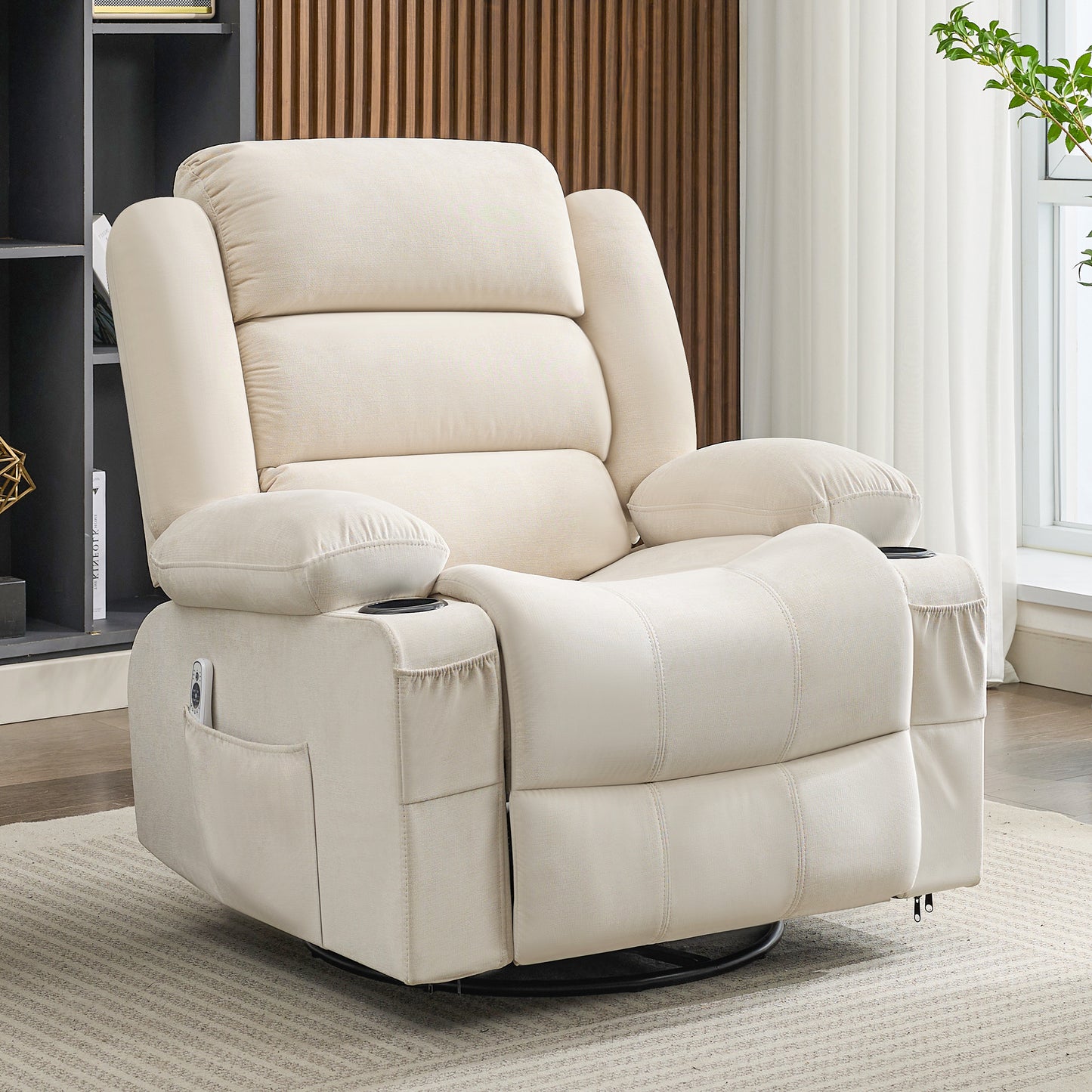 Rocker Recliner Chair with Heat and Massage, 360° Swivel Recliner Chairs for Adults, Oversized Recliner Single Sofa Seat with Cup Holders