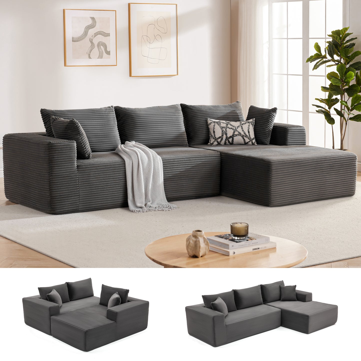MangodanSectional Couch, Modular Sectional Sofa for Living Room, Boneless Sofa with Deep Seat, Comfy Fluffy Couch with L-Shaped Chaise