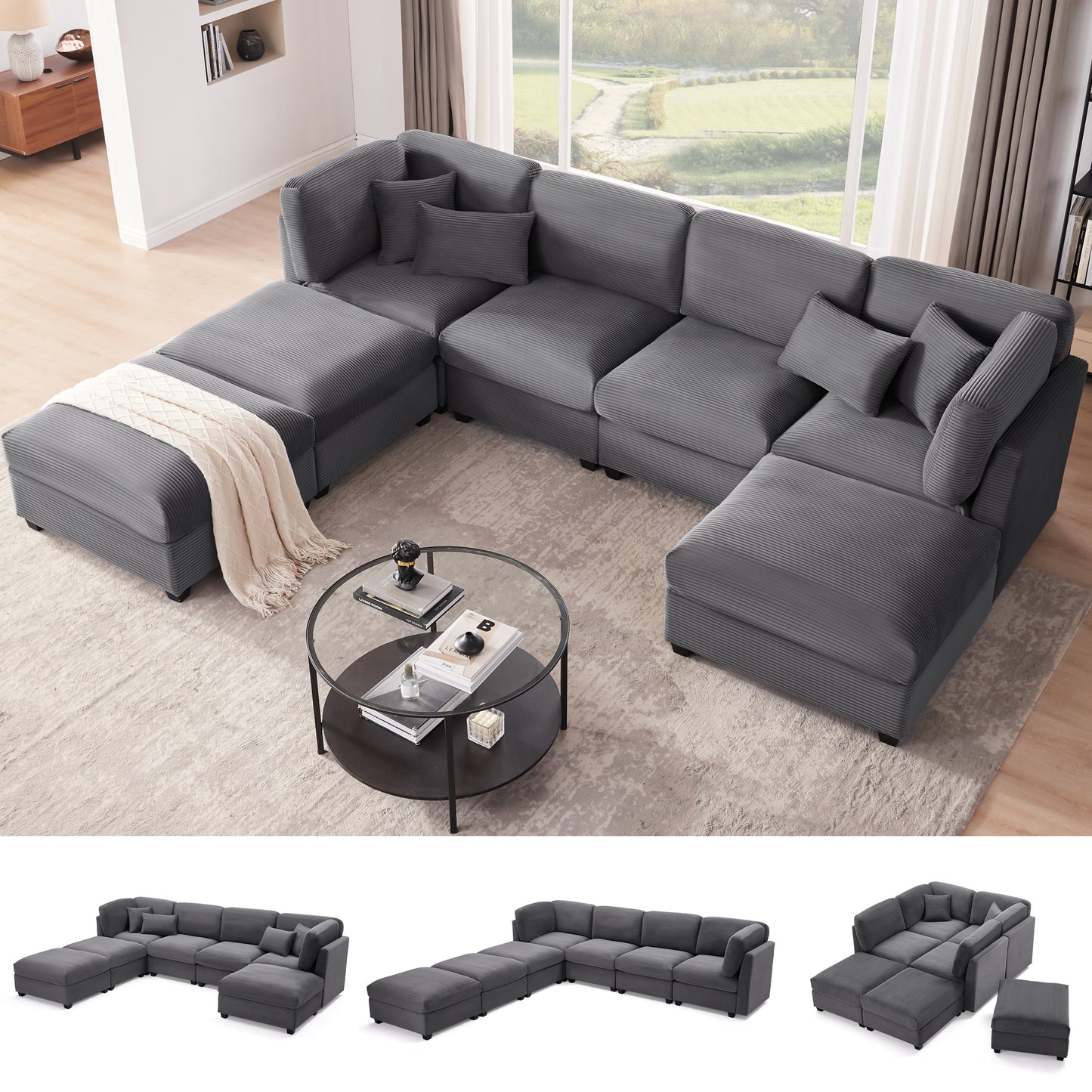 Huatean Home125 Inch Oversized Corduroy Modular Sectional Sofa, U Shaped Modular Couch with Storage
