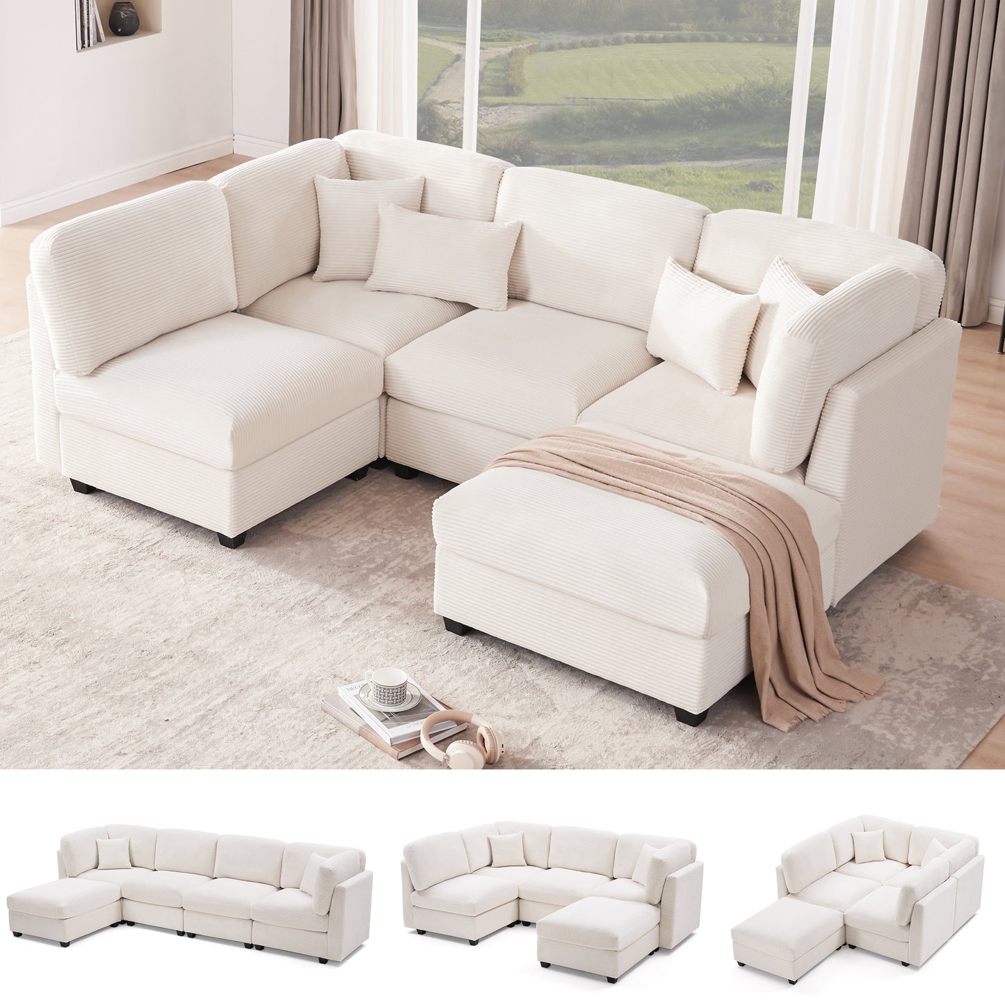 Huatean Home125 Inch Oversized Corduroy Modular Sectional Sofa, U Shaped Modular Couch with Storage