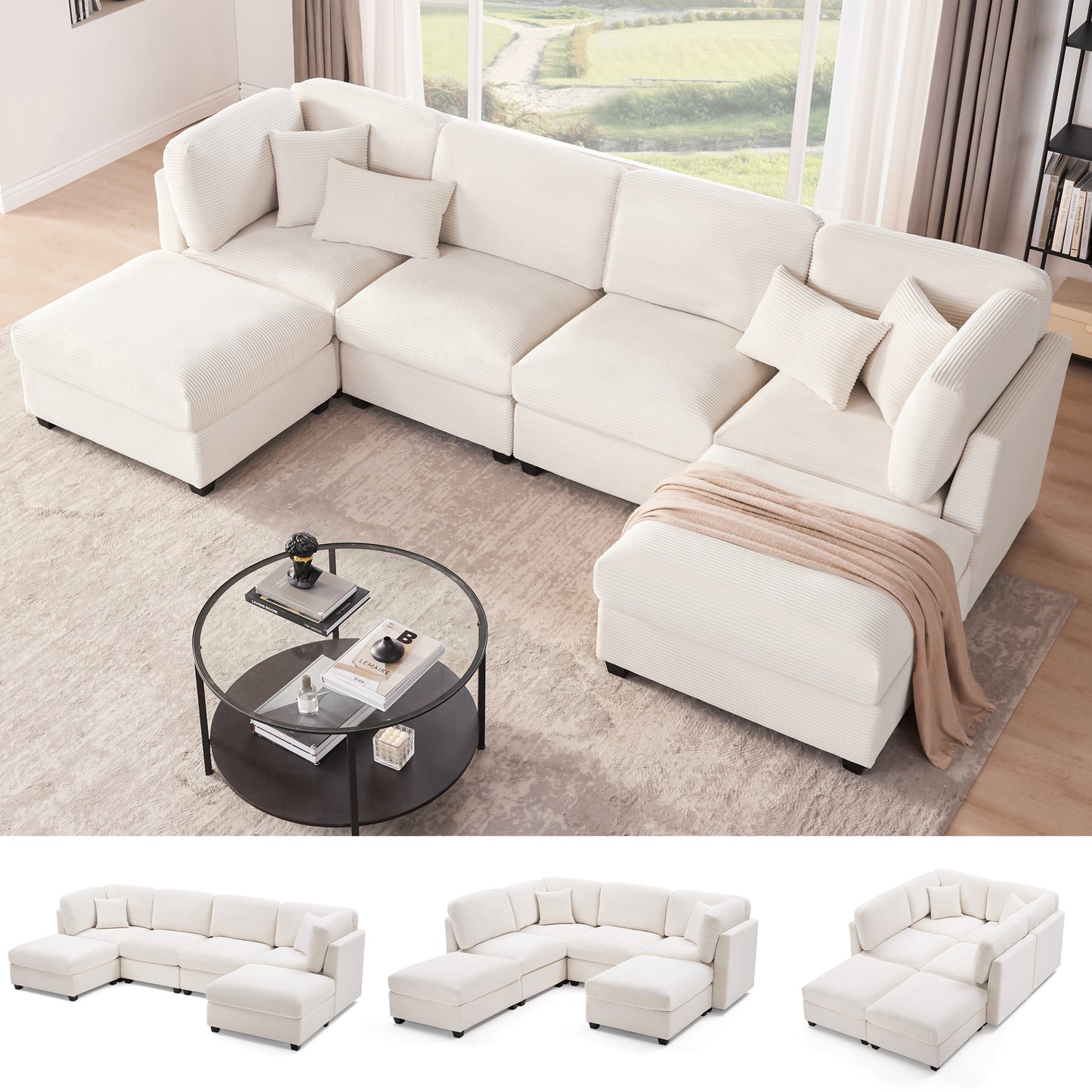 Huatean Home125 Inch Oversized Corduroy Modular Sectional Sofa, U Shaped Modular Couch with Storage
