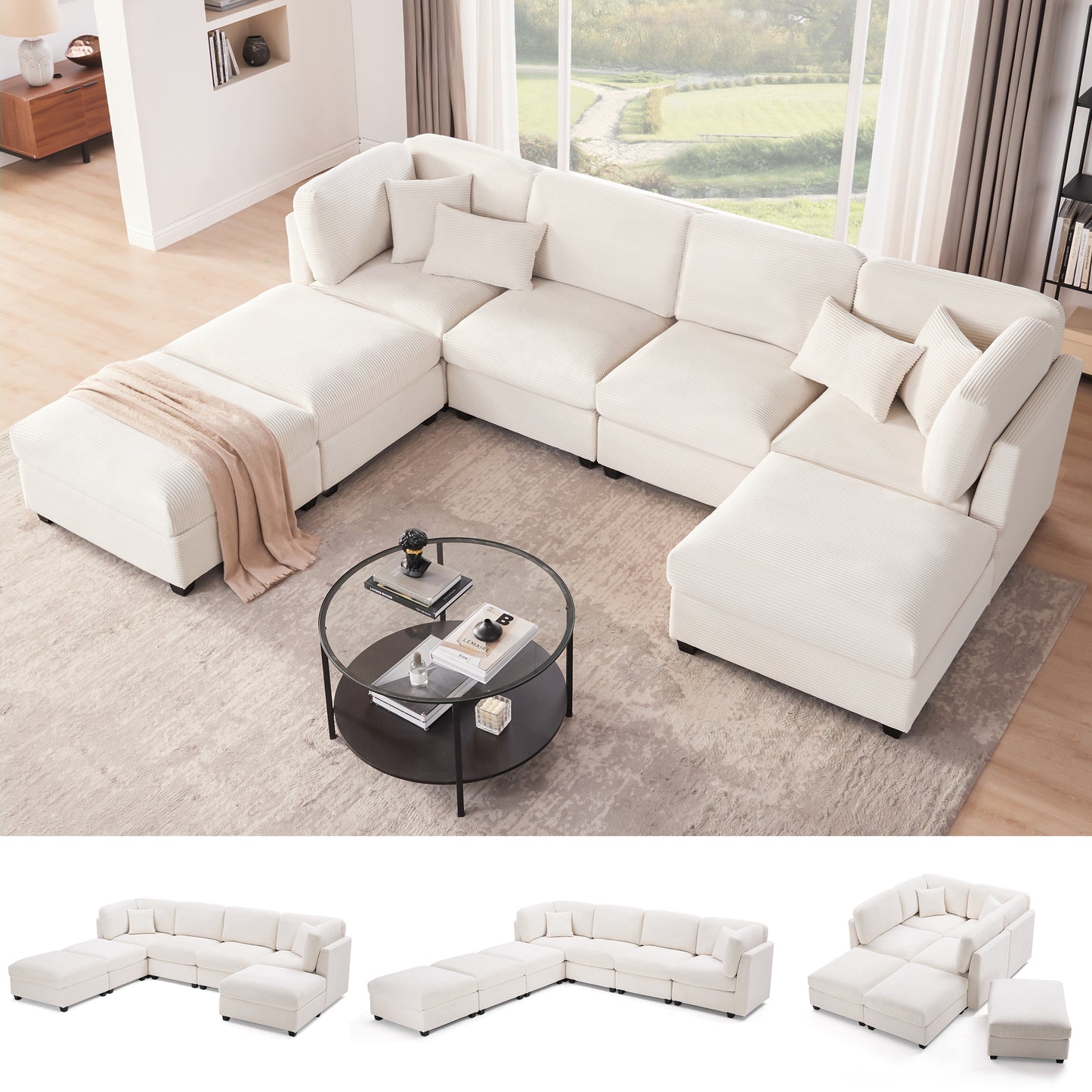 Huatean Home125 Inch Oversized Corduroy Modular Sectional Sofa, U Shaped Modular Couch with Storage
