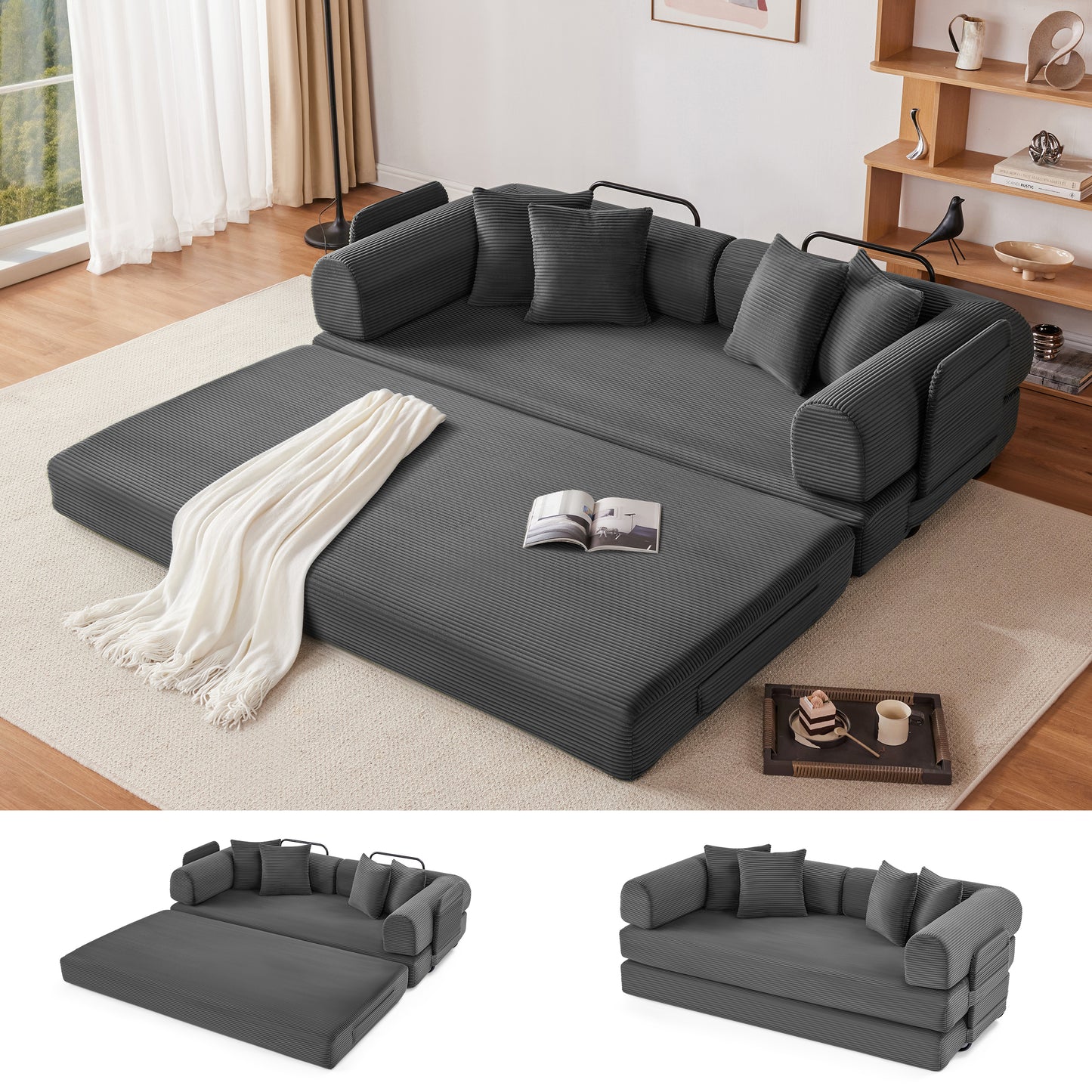 78 Inch Corduroy Convertible Sleeper Sofa Bed, 4-in-1 Oversized Futon Boneless Couches for Living Room with Fixed-Shape Frame