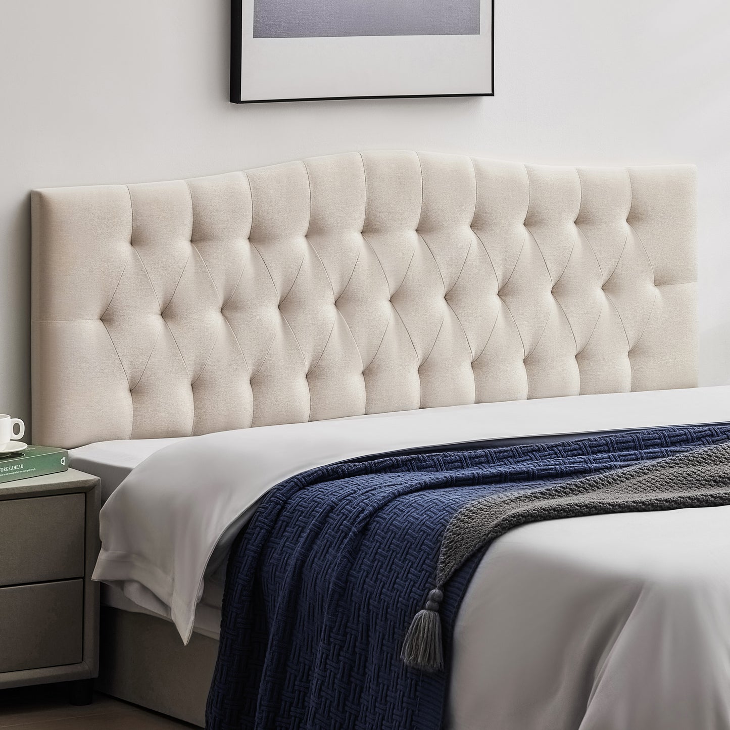 Tufted Upholstered Linen Fabric，Durable Modern Diamond Design Wood Headboads