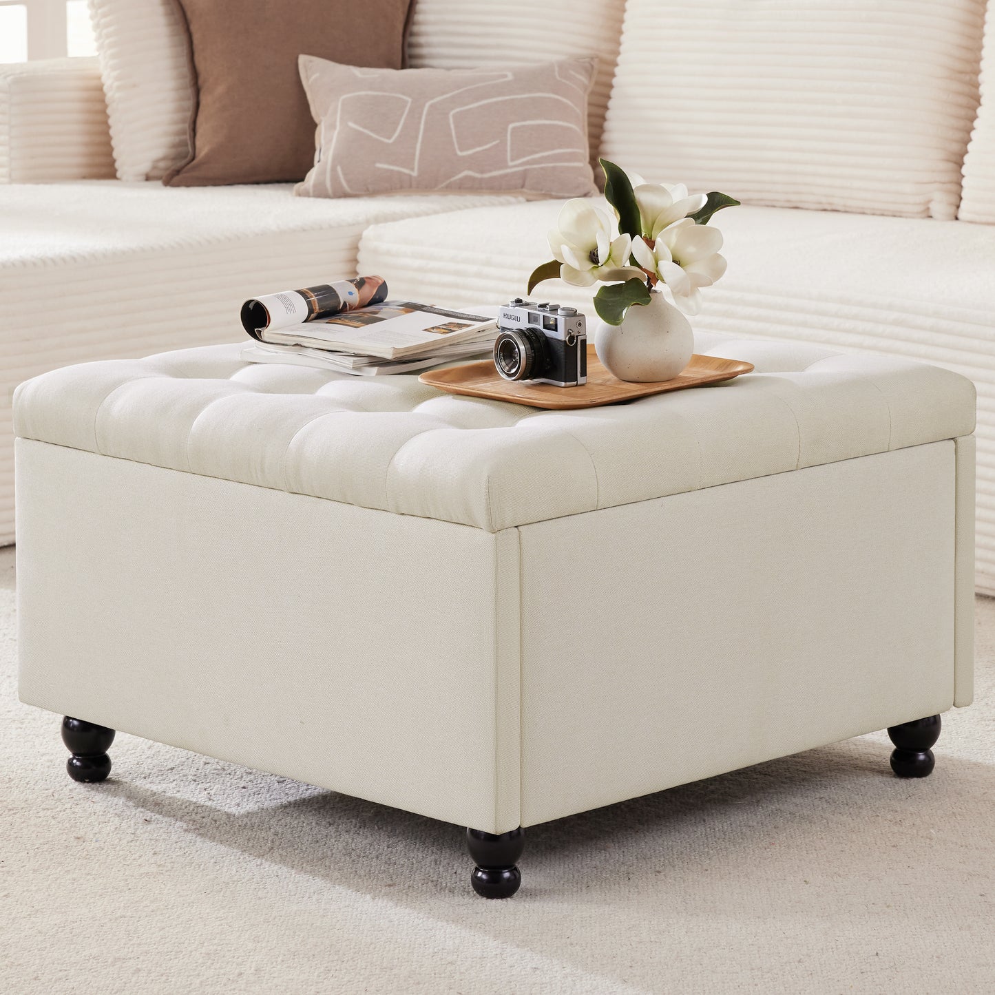 30 Inch Large Square Storage Ottoman Coffee Table, Oversized Square Ottoman with Storage