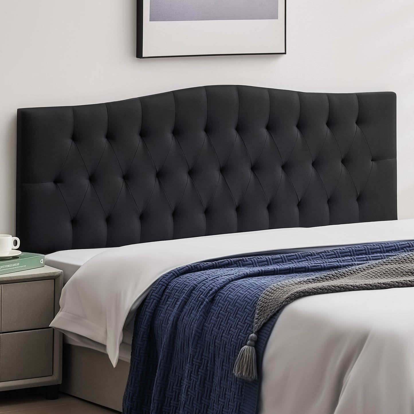 Tufted Upholstered Linen Fabric，Durable Modern Diamond Design Wood Headboads