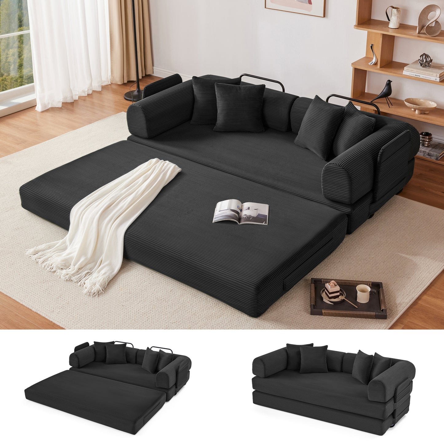 78 Inch Corduroy Convertible Sleeper Sofa Bed, 4-in-1 Oversized Futon Boneless Couches for Living Room with Fixed-Shape Frame