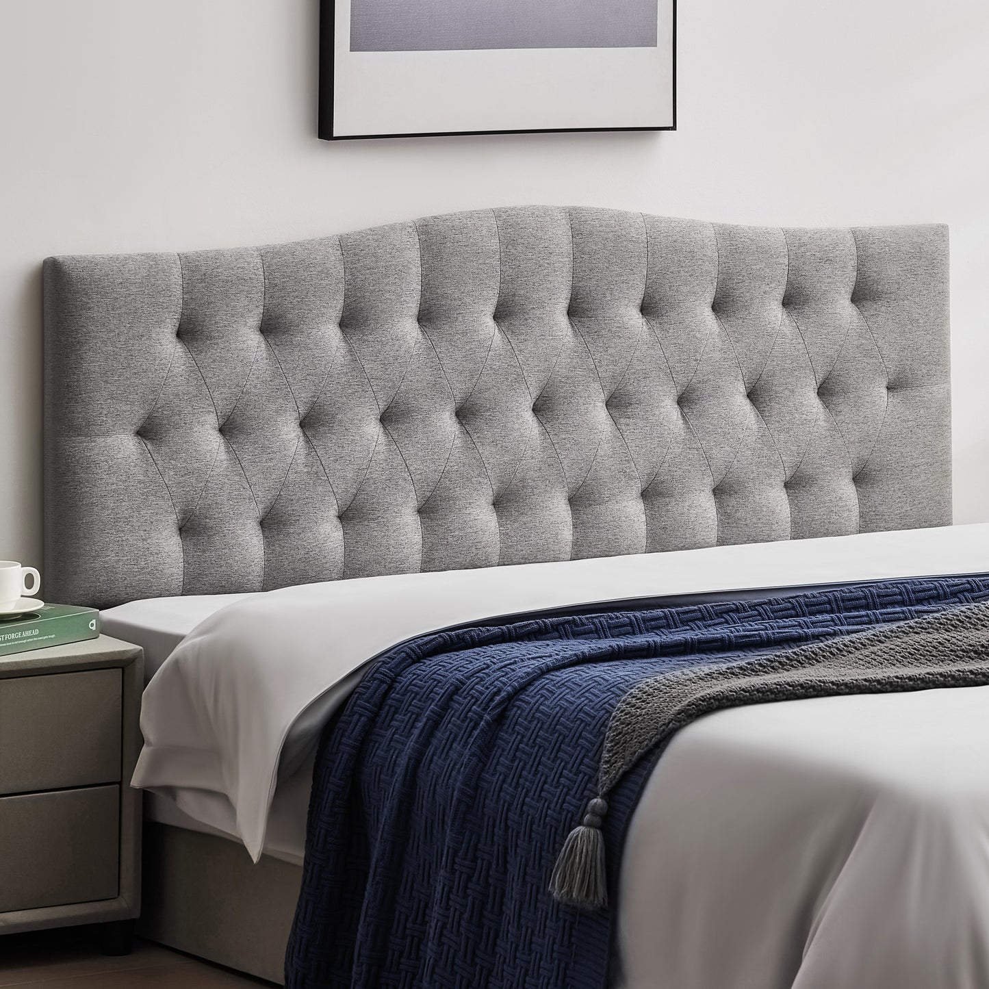 Tufted Upholstered Linen Fabric，Durable Modern Diamond Design Wood Headboads