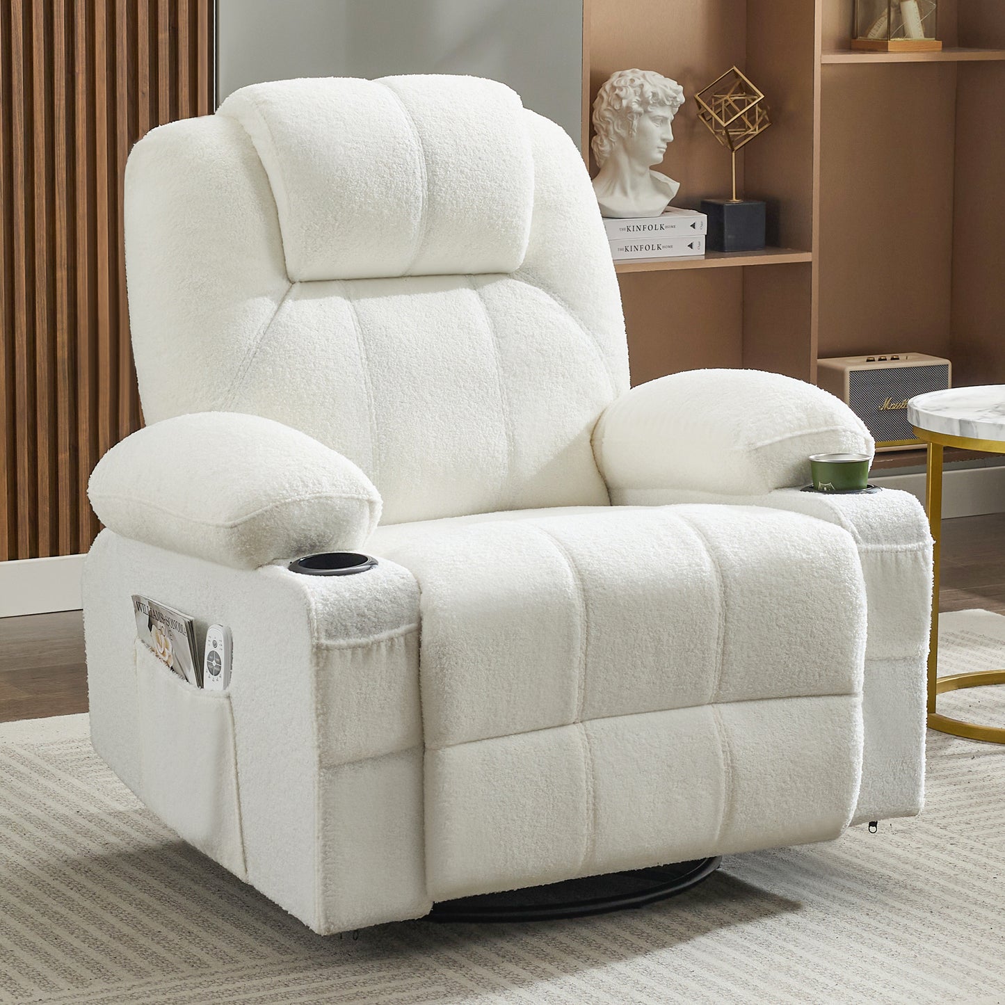 Swivel Rocker Recliner Chair with Heat and Massage, Big Oversized Rocking Single Sofa for Living Room, 360 Degree Swivel Recliner Chair with Cup Holders and USB Port