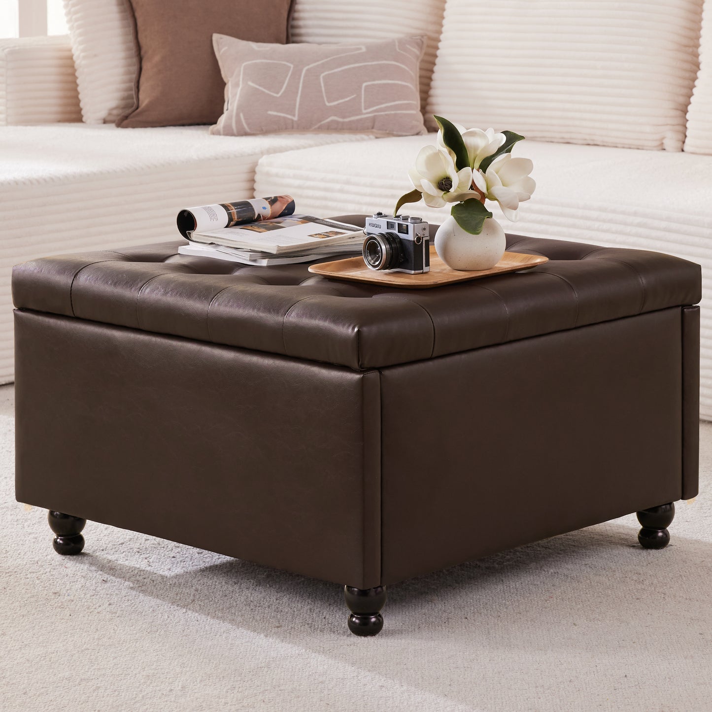 30 Inch Large Square Storage Ottoman Coffee Table, Oversized Square Ottoman with Storage