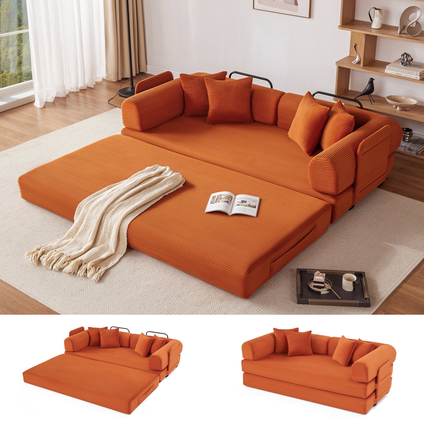 78 Inch Corduroy Convertible Sleeper Sofa Bed, 4-in-1 Oversized Futon Boneless Couches for Living Room with Fixed-Shape Frame
