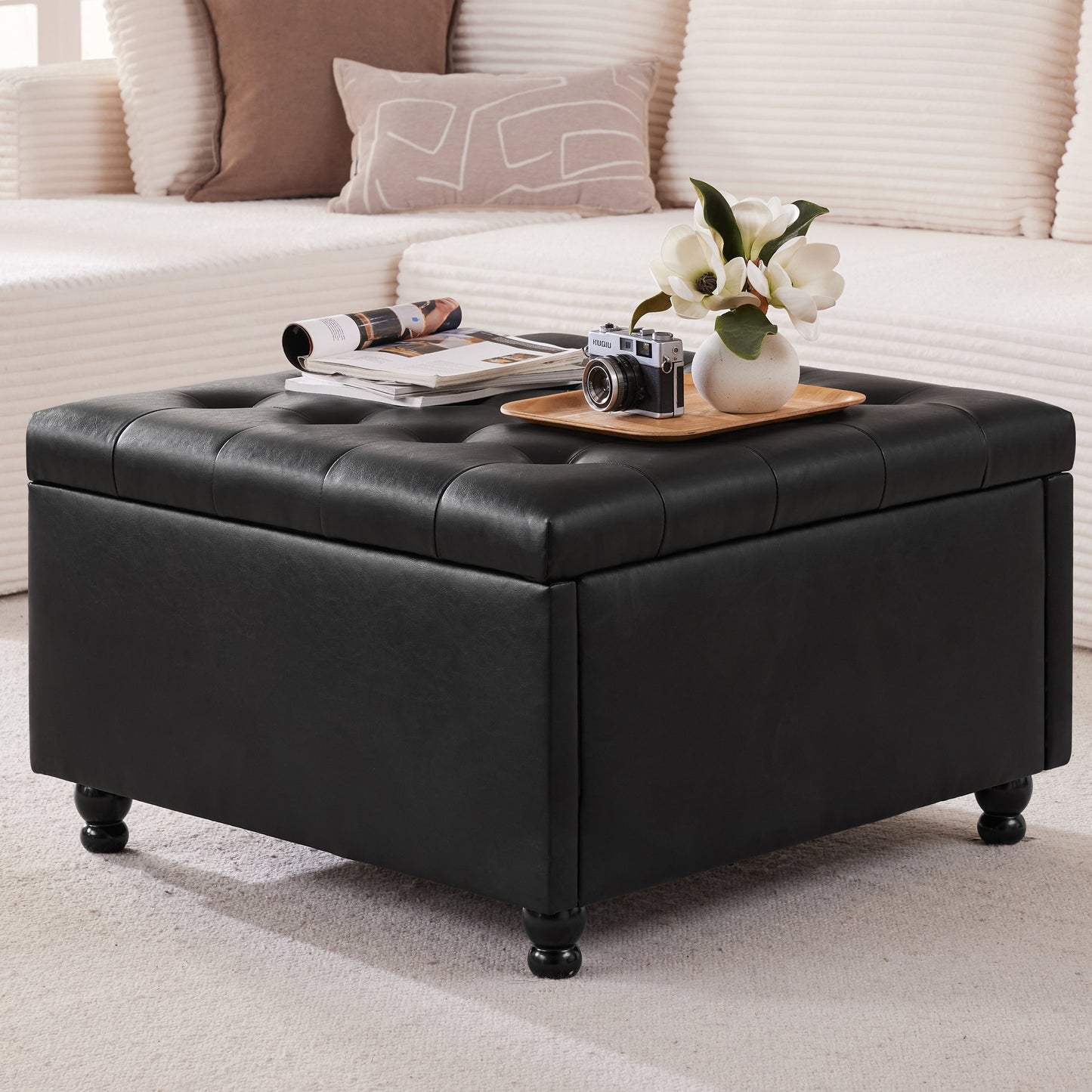 30 Inch Large Square Storage Ottoman Coffee Table, Oversized Square Ottoman with Storage