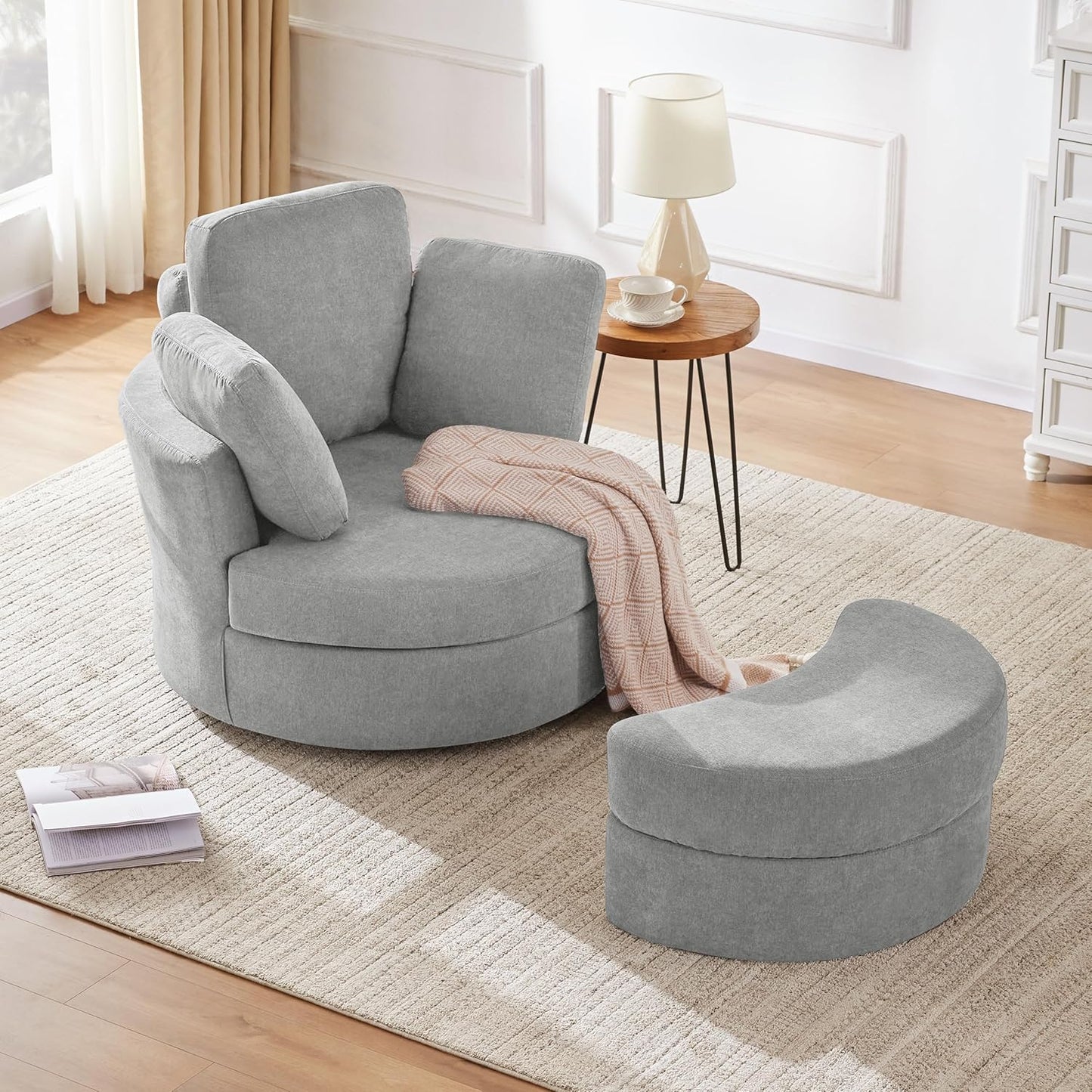 Mangodan39” Swivel Accent Barrel Chairs with Removable Headrest, Chaise Lounge Indoor with Neck Support Pillow, Swivel Chairs for Living Room