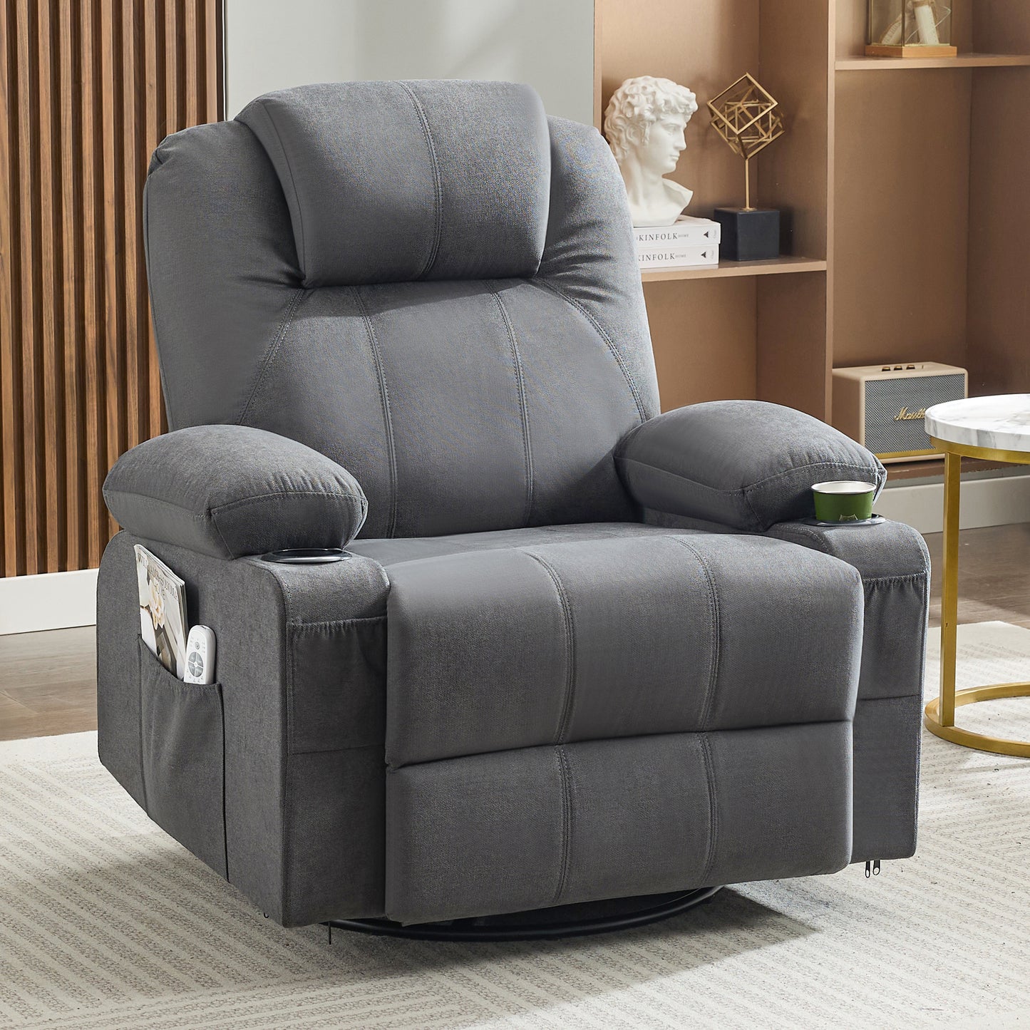 Swivel Rocker Recliner Chair with Heat and Massage, Big Oversized Rocking Single Sofa for Living Room, 360 Degree Swivel Recliner Chair with Cup Holders and USB Port