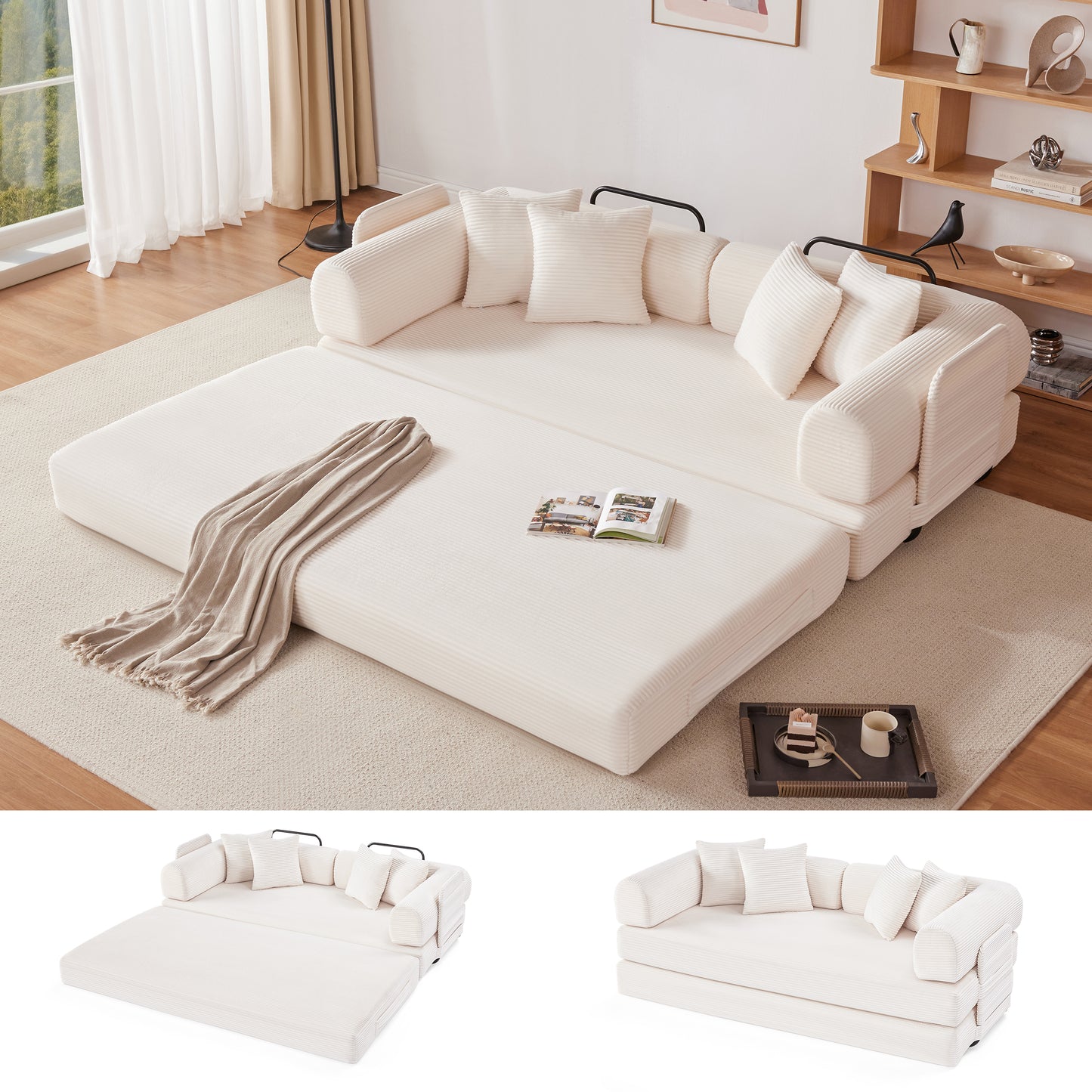 78 Inch Corduroy Convertible Sleeper Sofa Bed, 4-in-1 Oversized Futon Boneless Couches for Living Room with Fixed-Shape Frame