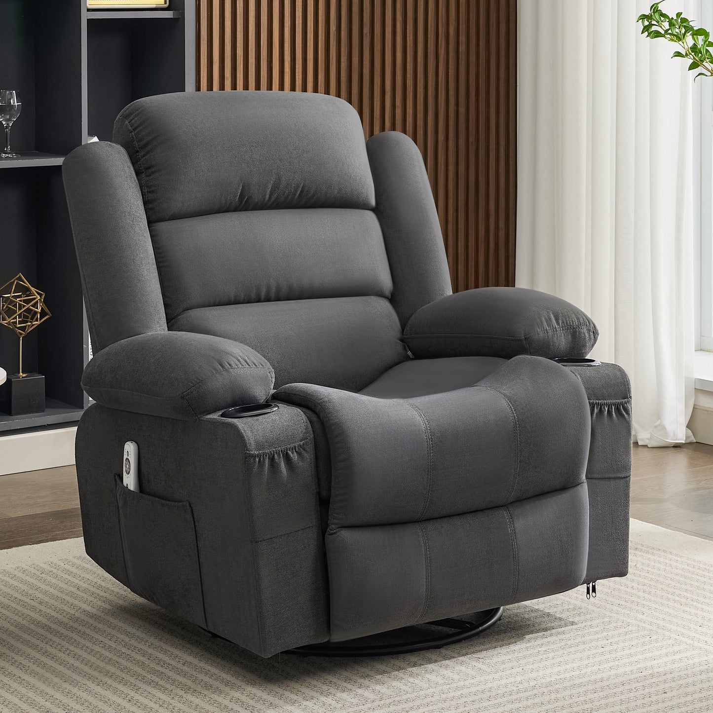 Rocker Recliner Chair with Heat and Massage, 360° Swivel Recliner Chairs for Adults, Oversized Recliner Single Sofa Seat with Cup Holders