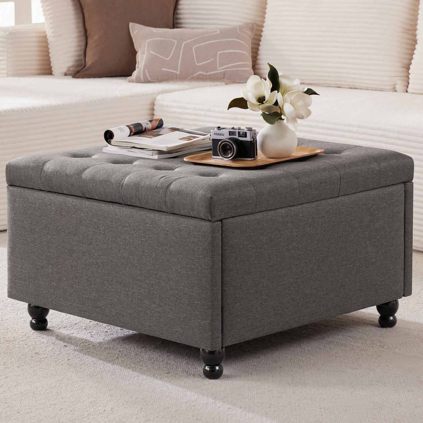 30 Inch Large Square Storage Ottoman Coffee Table, Oversized Square Ottoman with Storage