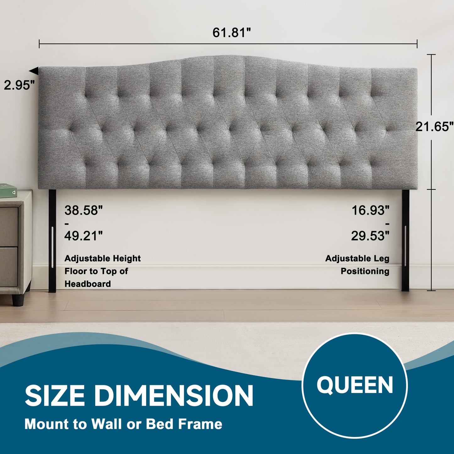 Tufted Upholstered Linen Fabric，Durable Modern Diamond Design Wood Headboads