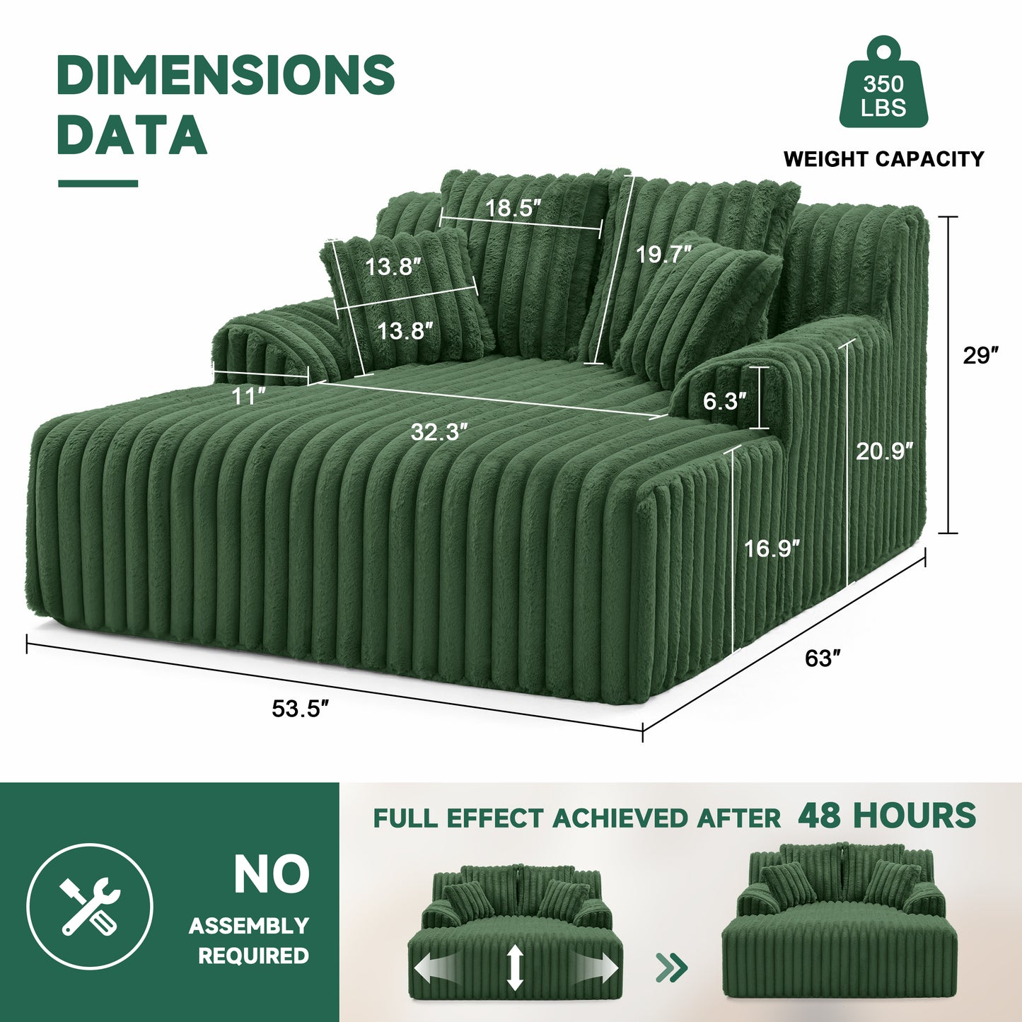 Mangodan53.5”W Oversized Chaise Lounge Chair Indoor, Boneless Couch with 4 Pillows, Cozy Reading Chairs with Wide Arms