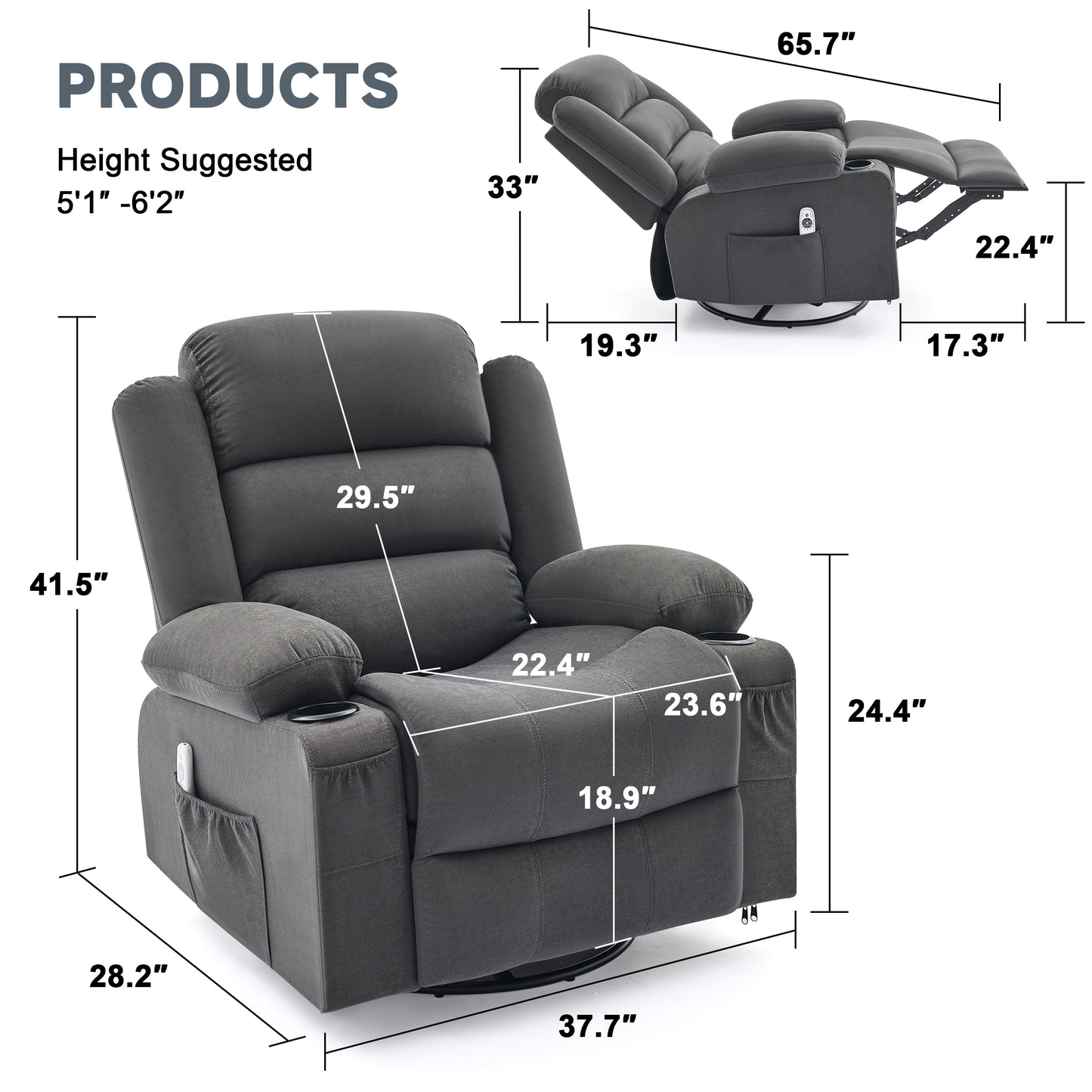 Rocker Recliner Chair with Heat and Massage, 360° Swivel Recliner Chairs for Adults, Oversized Recliner Single Sofa Seat with Cup Holders