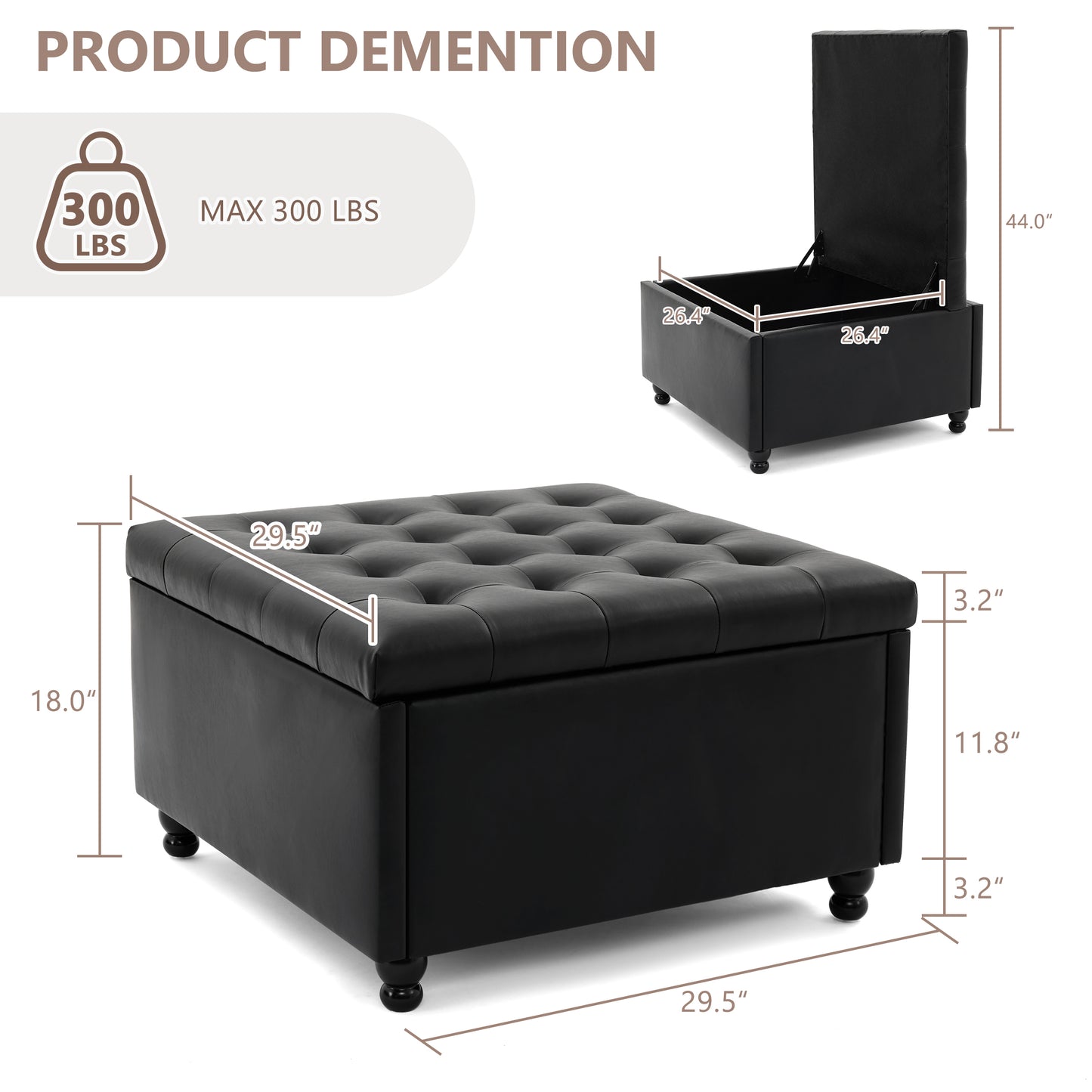 30 Inch Large Square Storage Ottoman Coffee Table, Oversized Square Ottoman with Storage