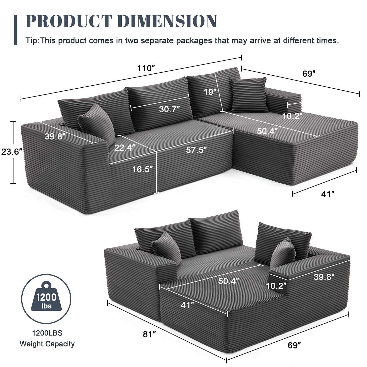 MangodanSectional Couch, Modular Sectional Sofa for Living Room, Boneless Sofa with Deep Seat, Comfy Fluffy Couch with L-Shaped Chaise