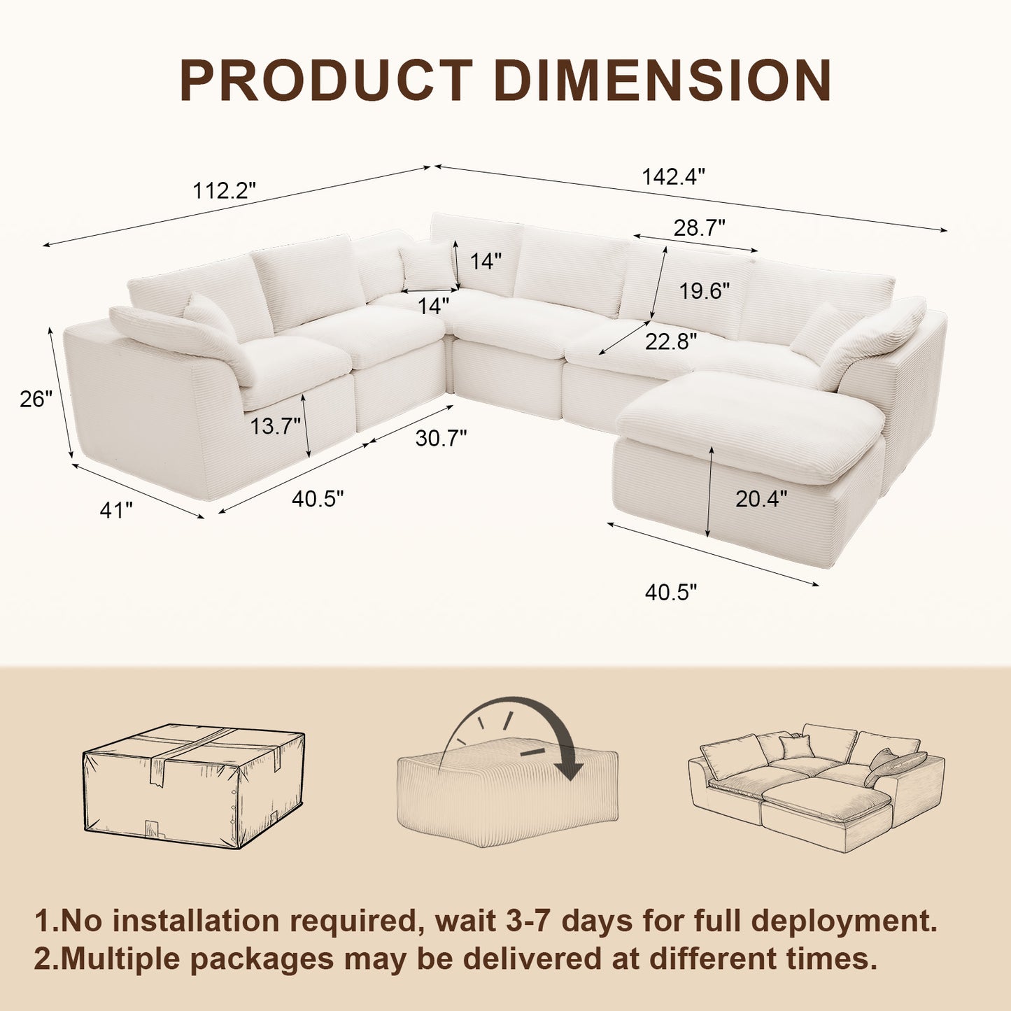 Mangodan  Sectional Couch, Boneless couches for Living Room, U Shaped Couch with Convertible Ottoman