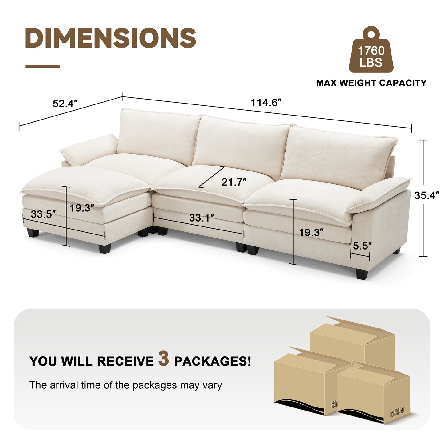 MangodanModular Couch Sectionals with Ottoman, Big Comfy Cloud CouchesModern Cloud Sectional Couches for Living Room
