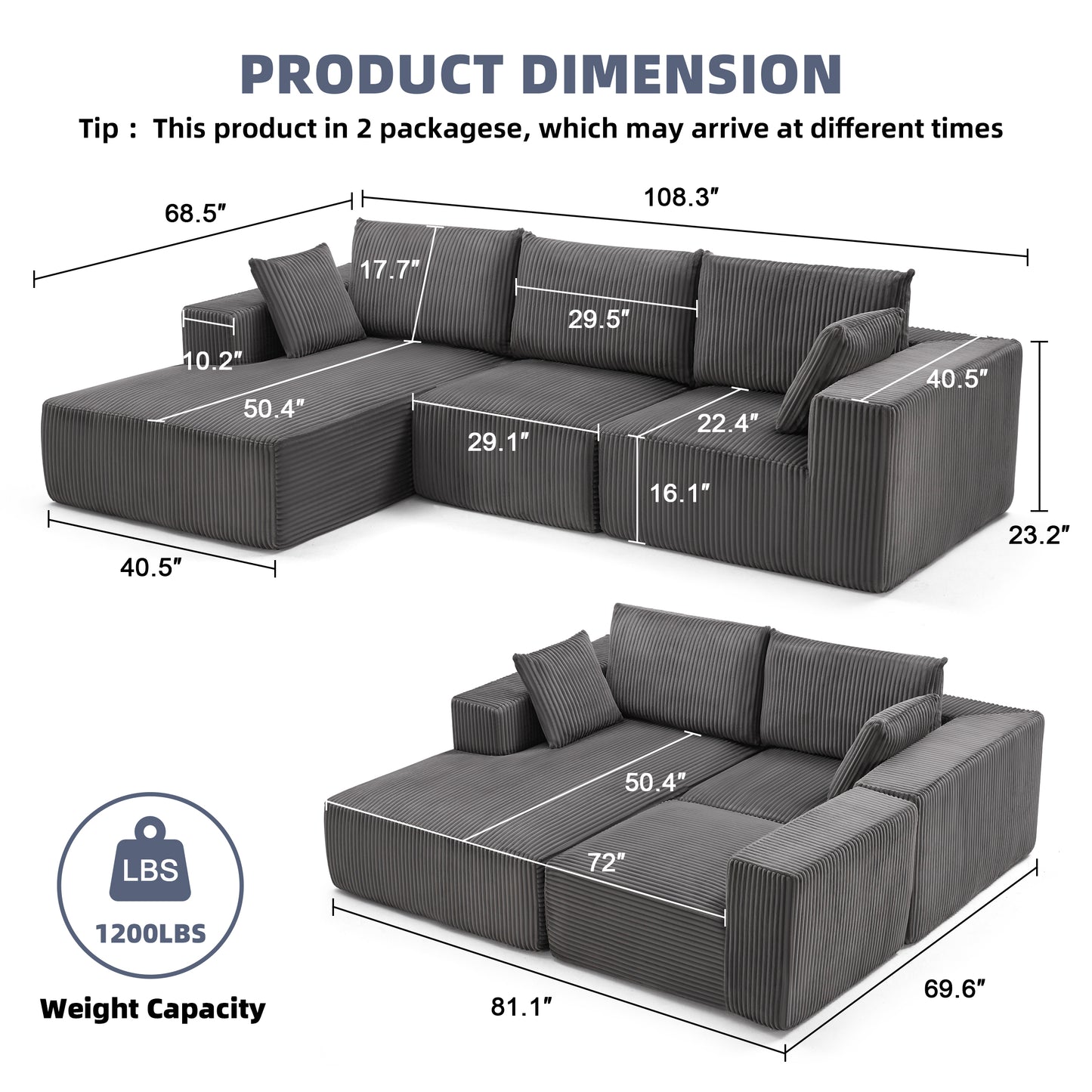 Huatean Home108” Modular Sectional Sofa, Cloud Sectional Couch with Deep Seat