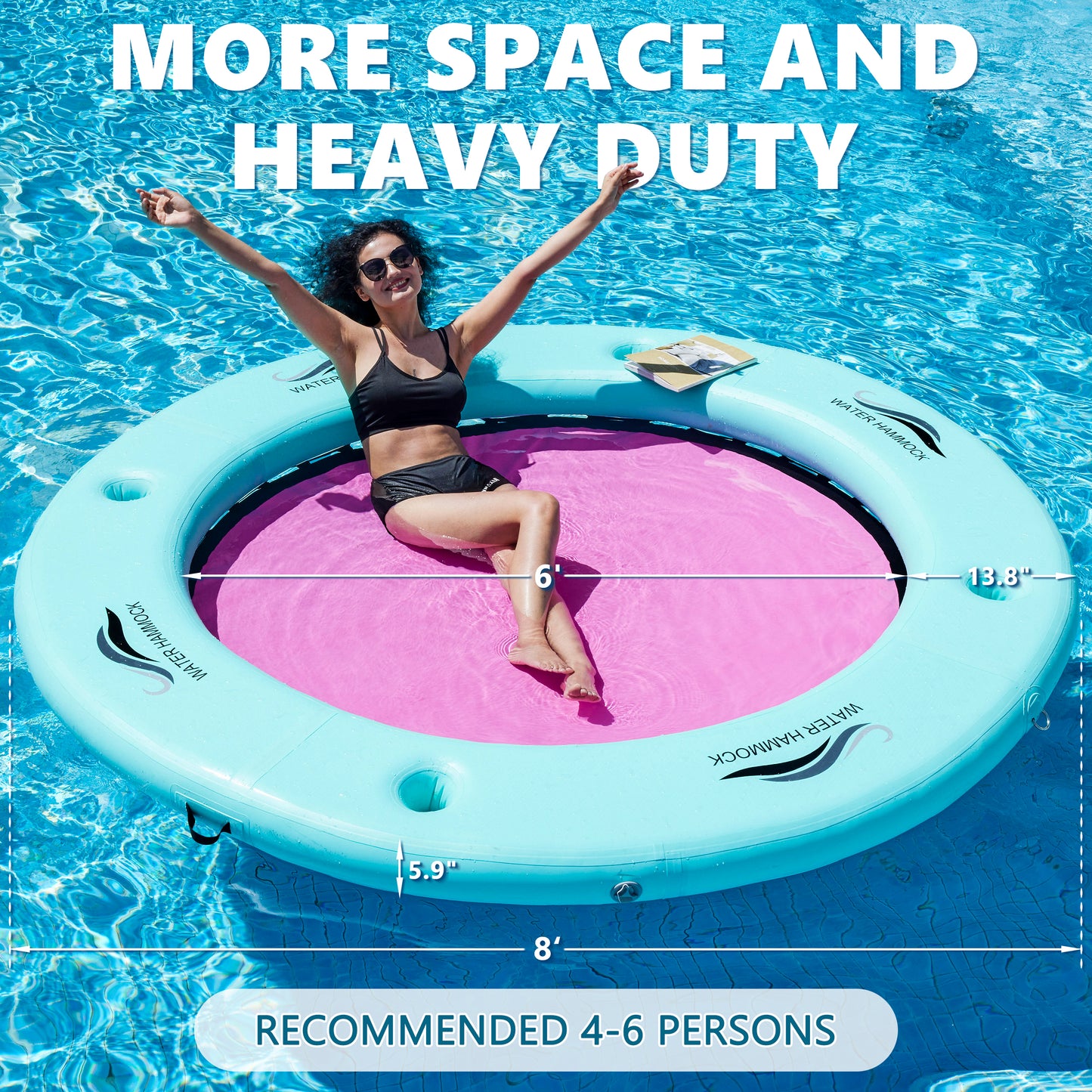 SunChill Float Ring for Adults Heavy Duty, 8ft Round Inflatable Water Hammock with Cup Holders
