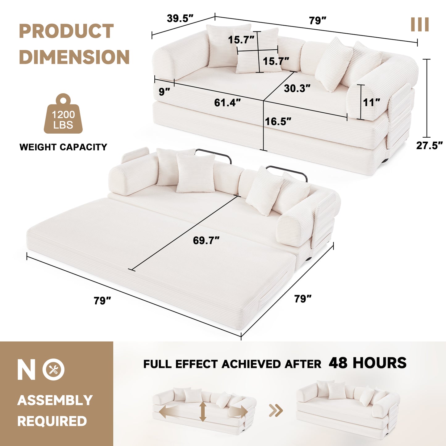 78 Inch Corduroy Convertible Sleeper Sofa Bed, 4-in-1 Oversized Futon Boneless Couches for Living Room with Fixed-Shape Frame