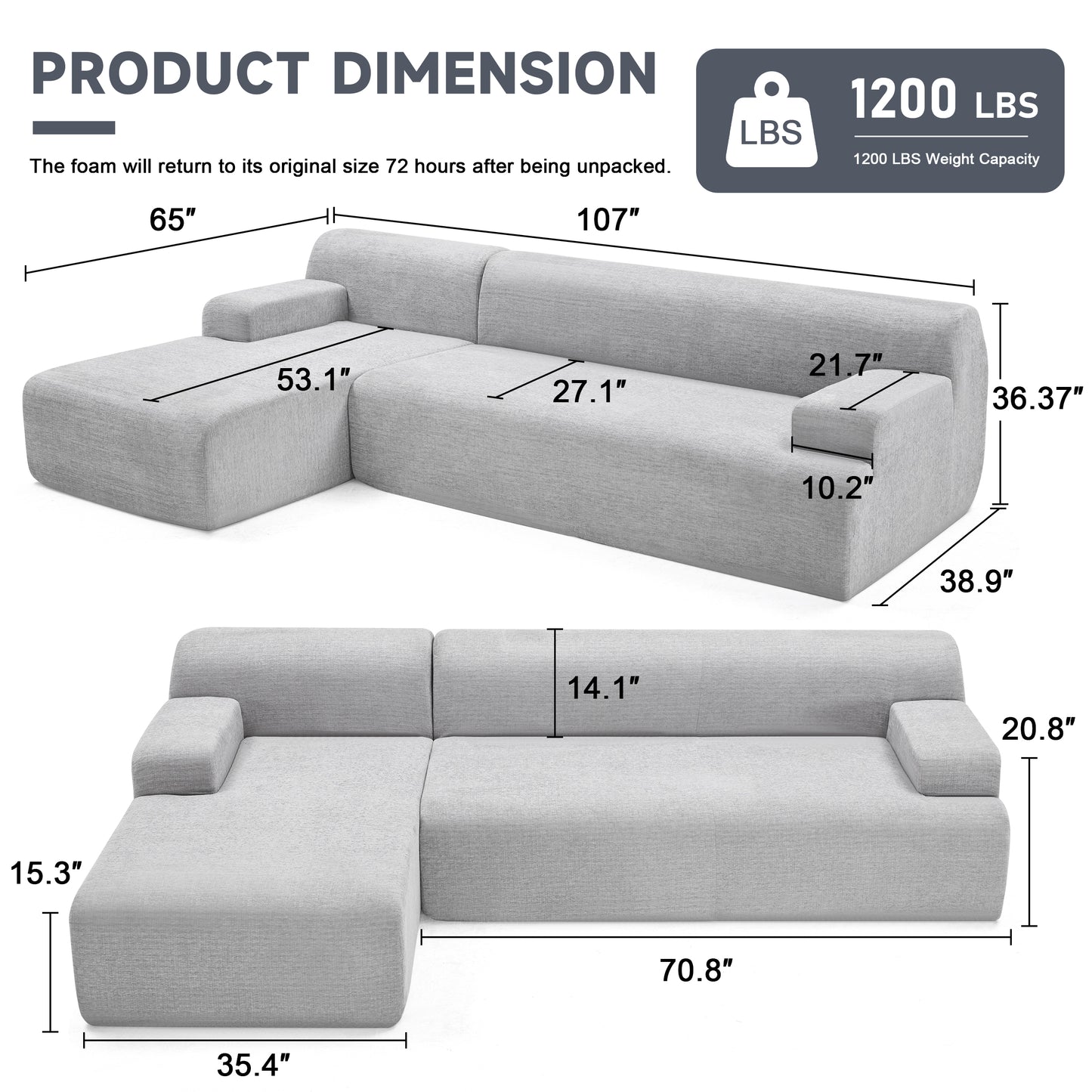 Modular Sectional Sofa, Boneless Couch Sponge Sofa for Living Room, High Density Sponges Cloud Couch