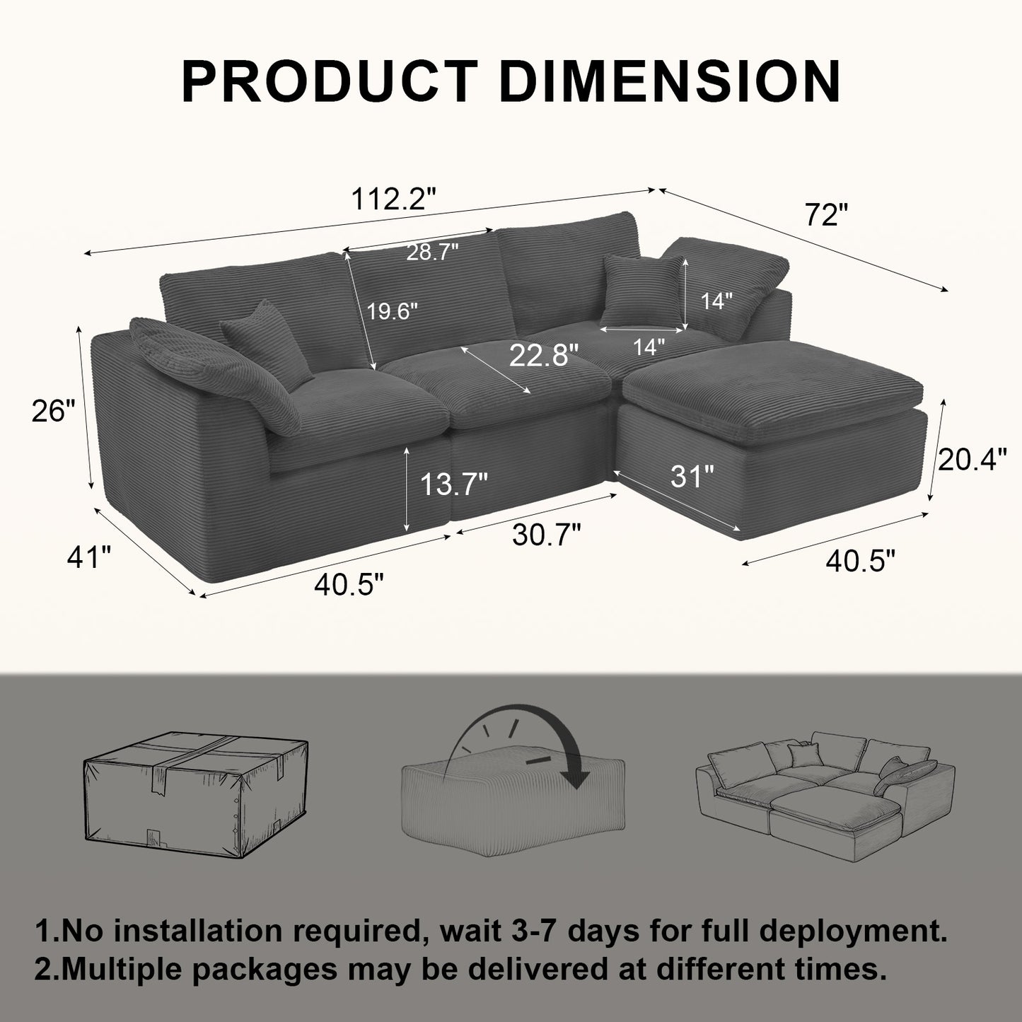 Mangodan  Sectional Couch, Boneless Couches for Living Room, L Shaped Couch with Convertible Ottoman