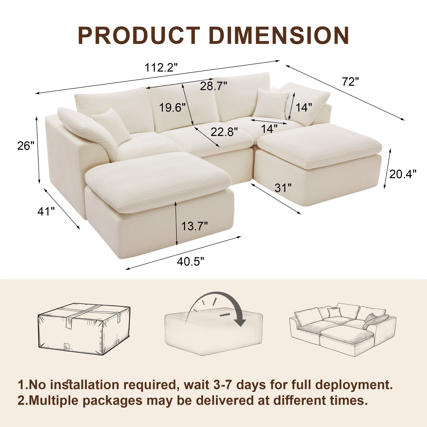 Mangodan  Sectional Couch, Boneless Couches for Living Room, L Shaped Couch with Convertible Ottoman