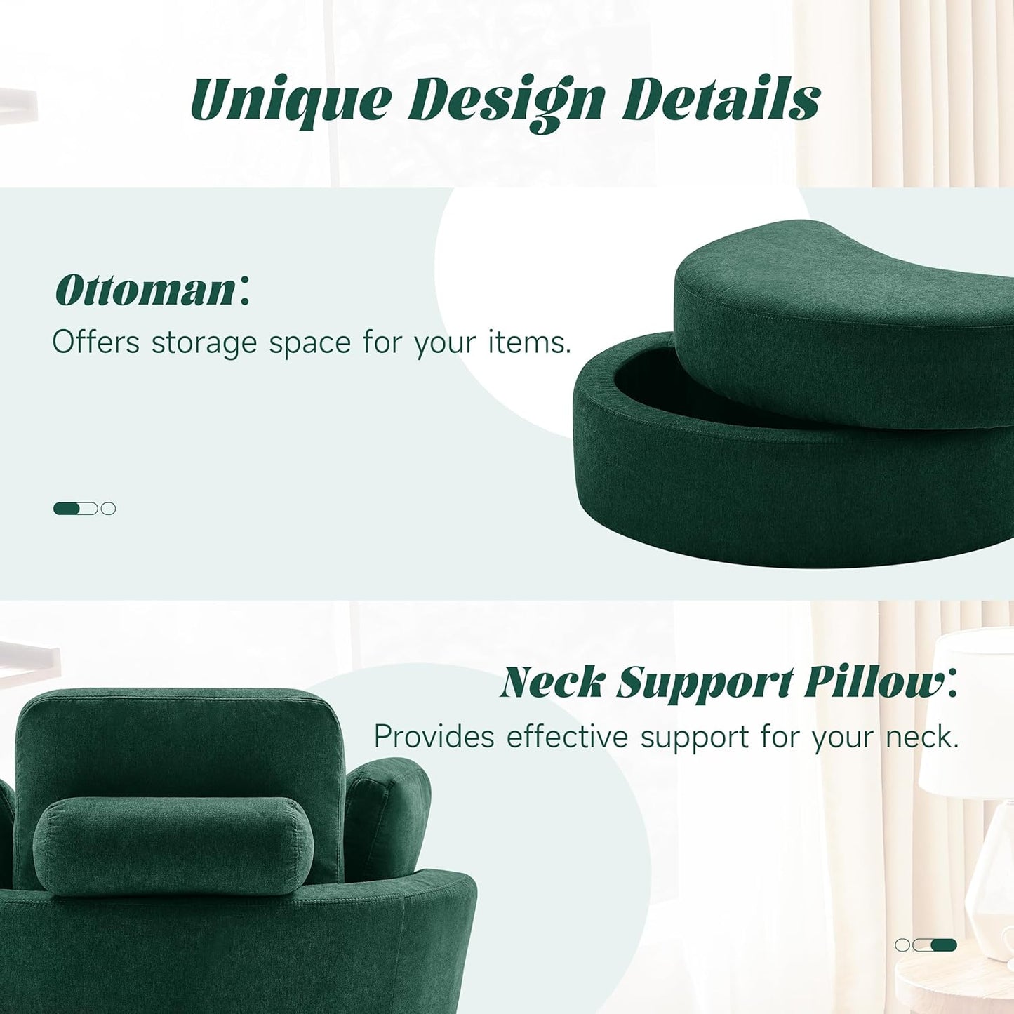 Mangodan39” Swivel Accent Barrel Chairs with Removable Headrest, Chaise Lounge Indoor with Neck Support Pillow, Swivel Chairs for Living Room