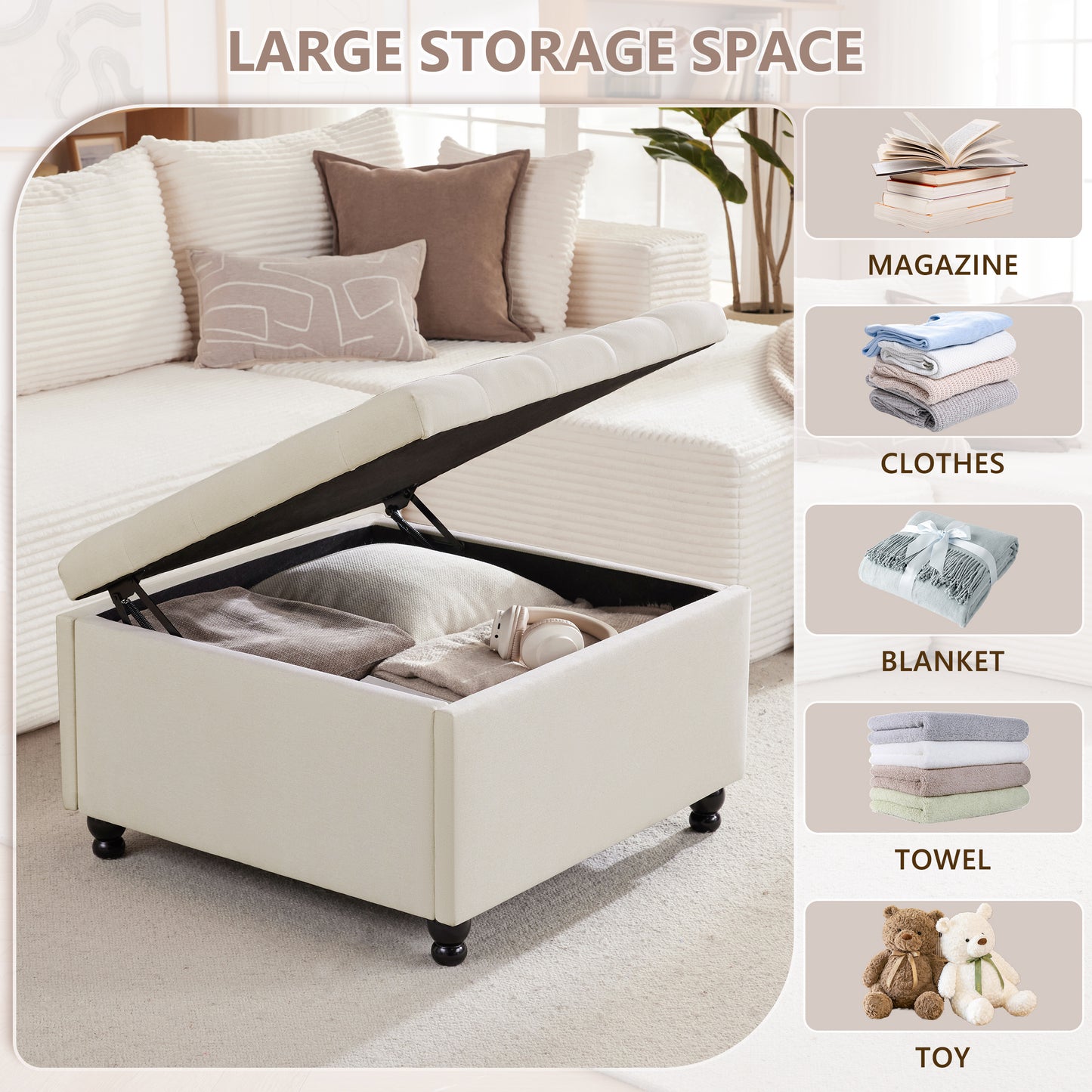 30 Inch Large Square Storage Ottoman Coffee Table, Oversized Square Ottoman with Storage