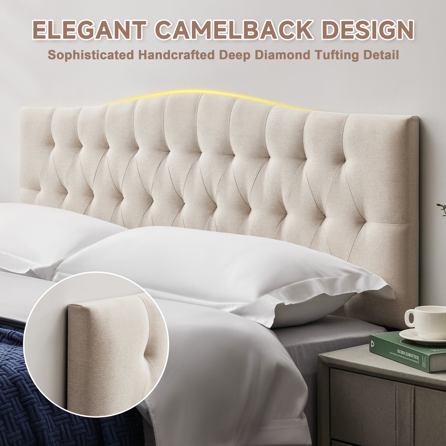 Tufted Upholstered Linen Fabric，Durable Modern Diamond Design Wood Headboads