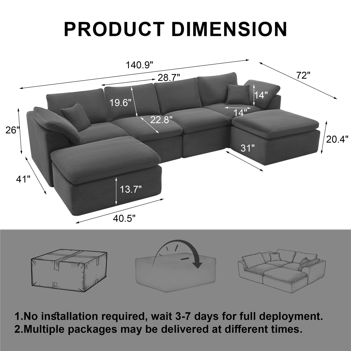 Mangodan  Sectional Couch, Boneless couches for Living Room, U Shaped Couch with Convertible Ottoman