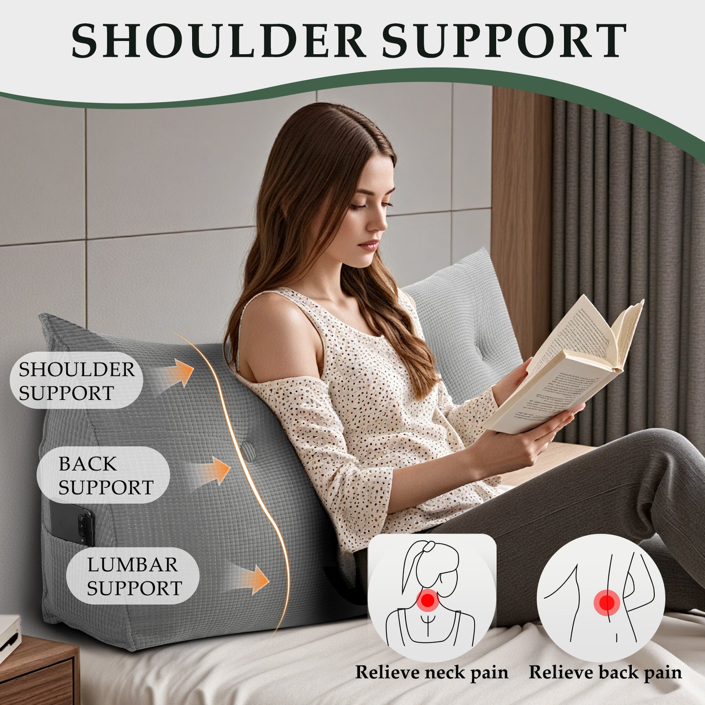 Reading Backboard Pillows, Large Dorm Daybed Bolster Pillows for Back Support with Removable Cover